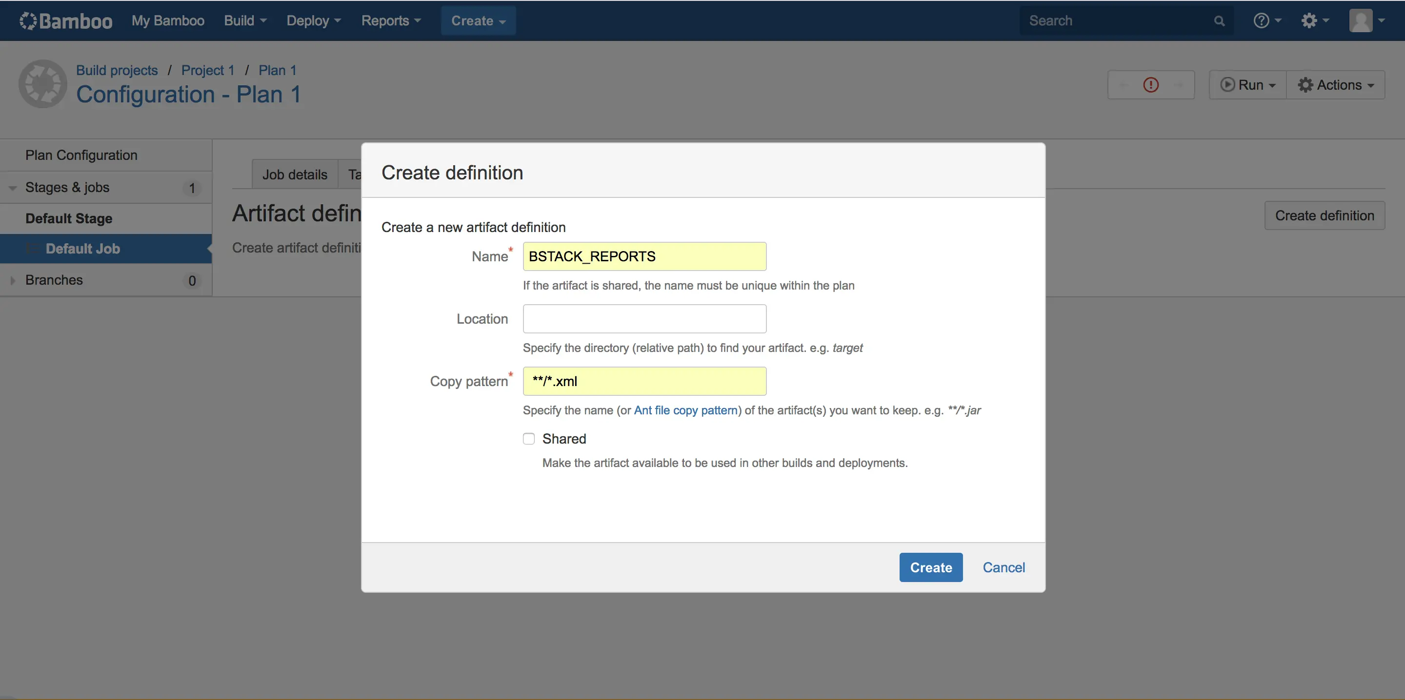 create new artifact definition for BrowserStack Bamboo reports