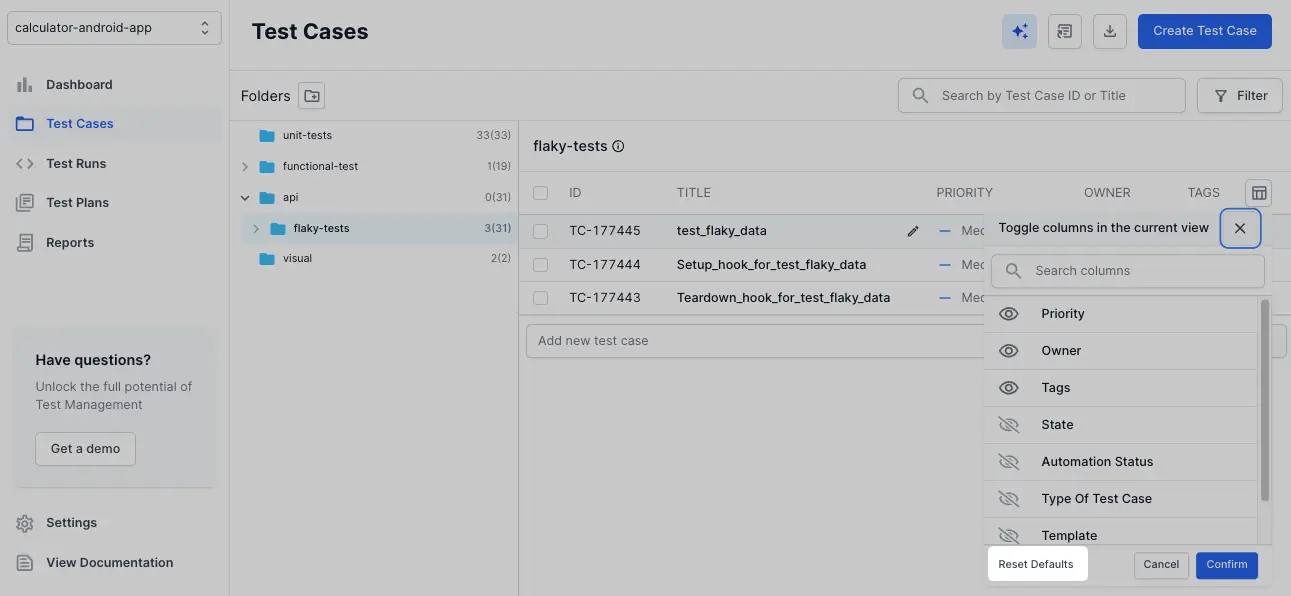 rest to default columns view