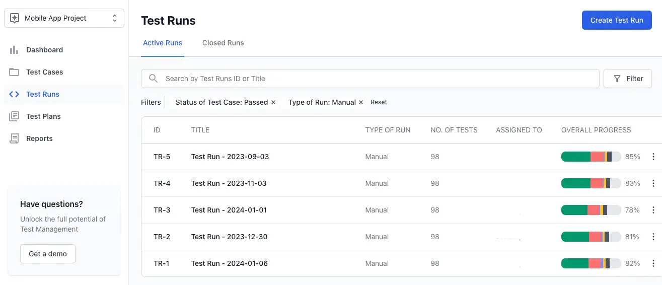 Click apply to filter test runs