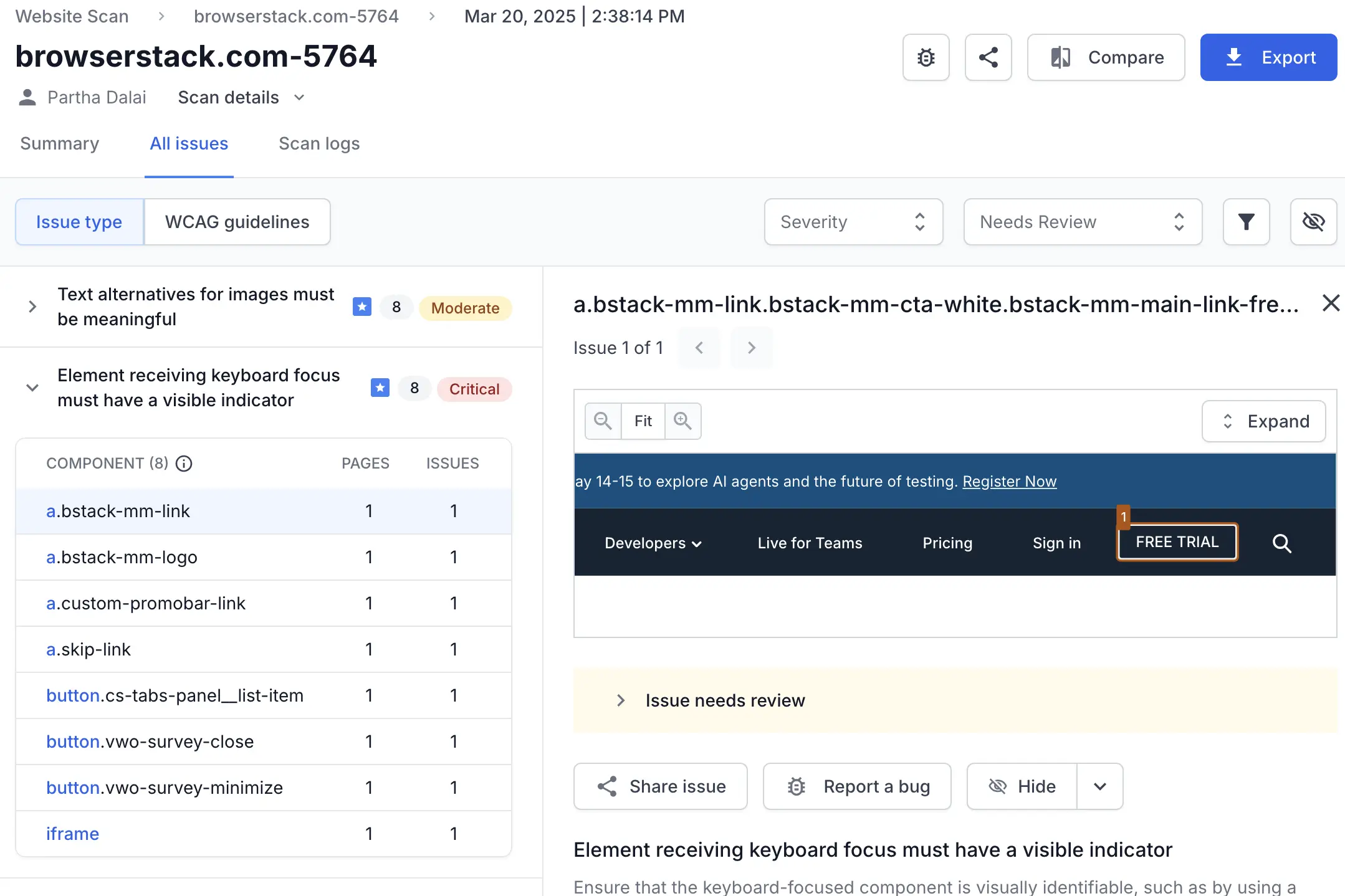 Details including a snapshot of the webpage with the component with the accessibility issue highlighted