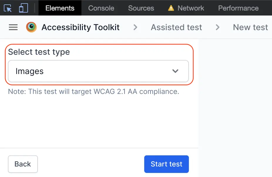 Select test type page with Images selected in the drop-down