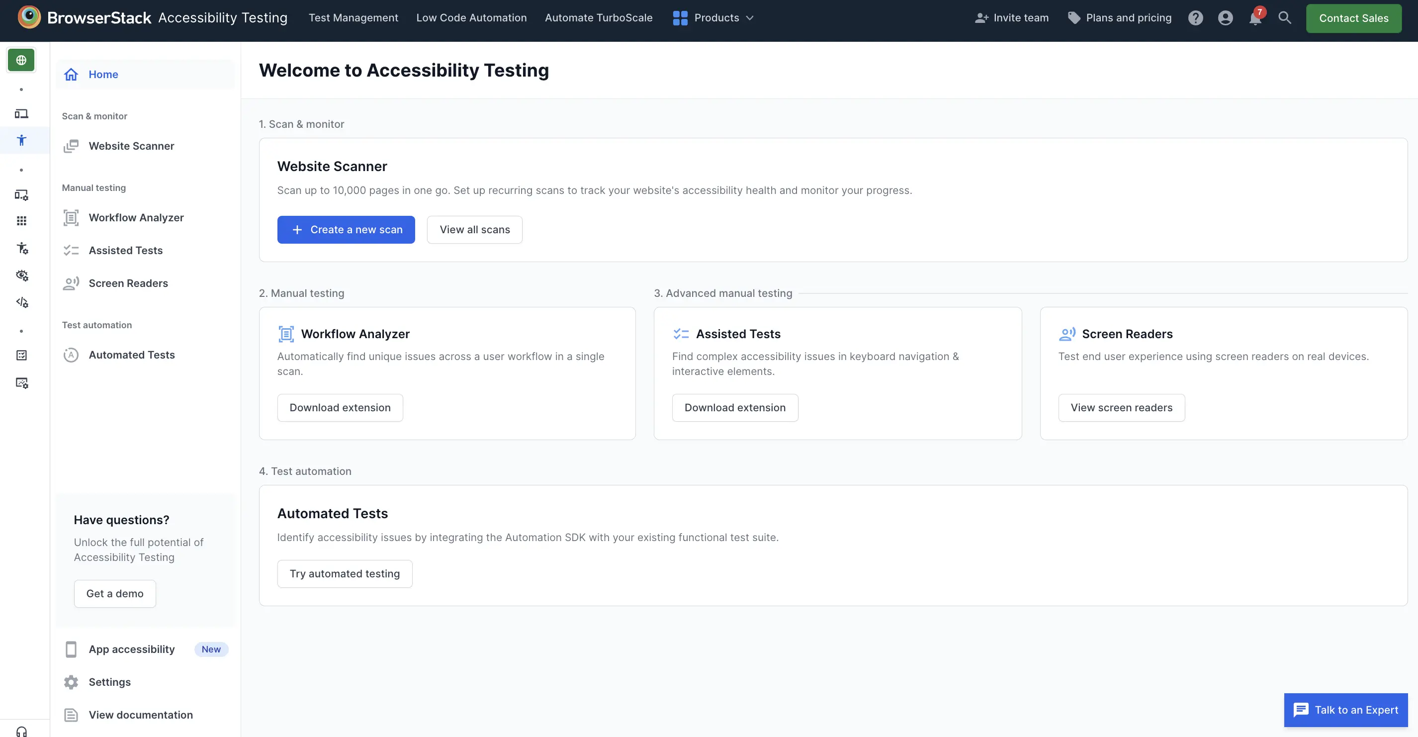 Accessibility Testing Dashboard homepage