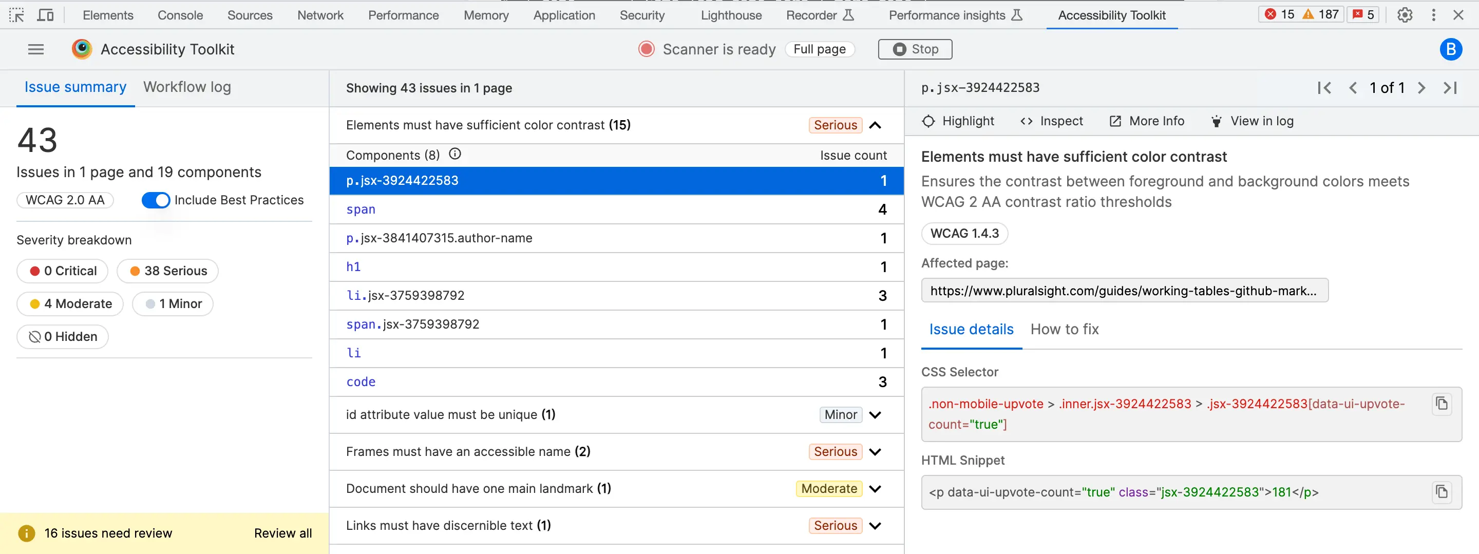 A dashboard with details to analyze the results of the accessibility tests run by Workflow Analyzer