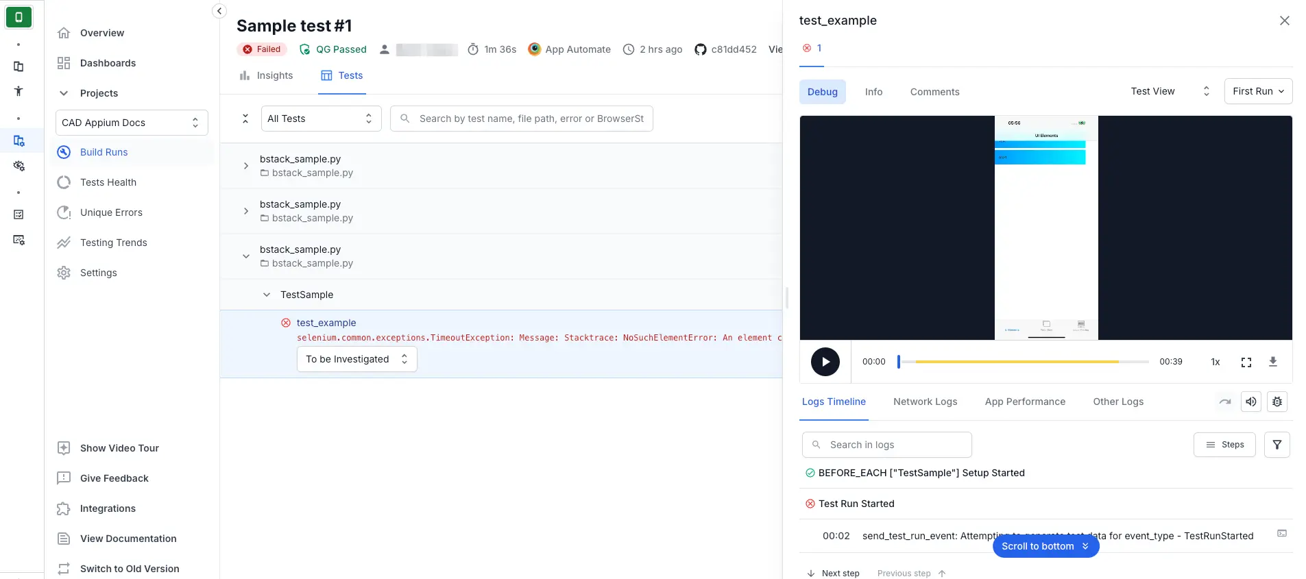 Status reason passed or failed visible on the session details page of App Automate dashboard