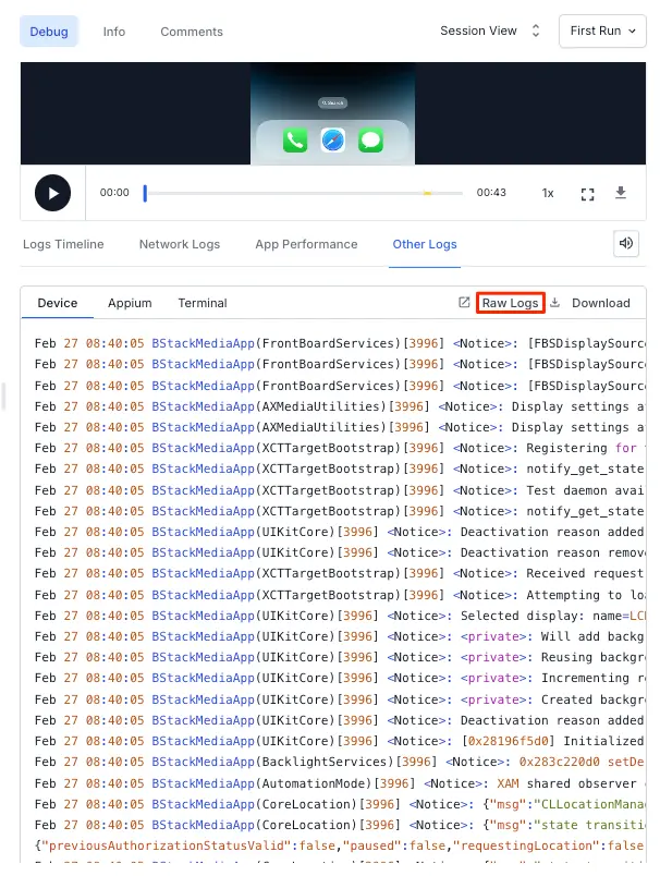 View network logs in App Automate dashboard