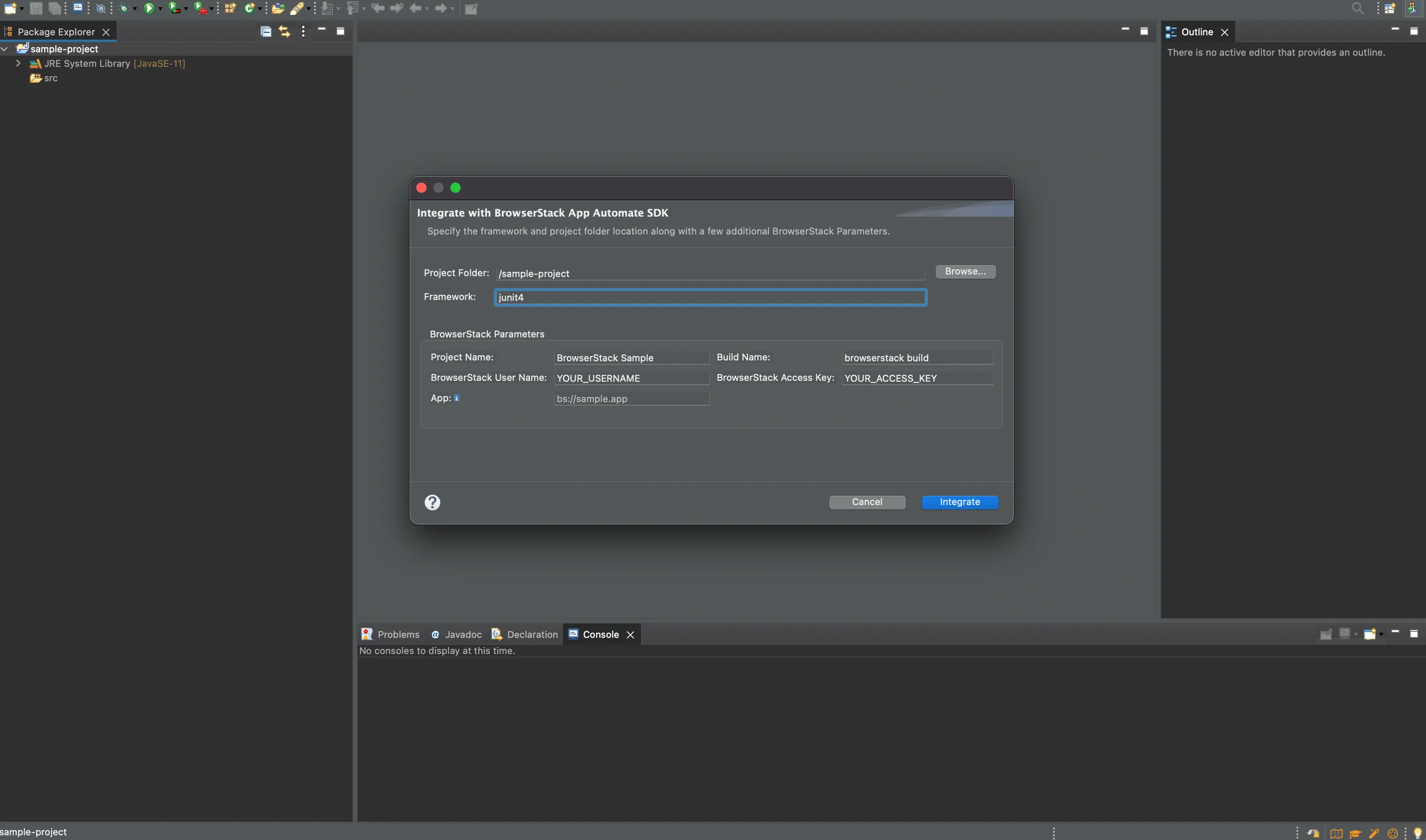Screenshot showing the Integrate with BrowserStack SDK screen with parameters filled in