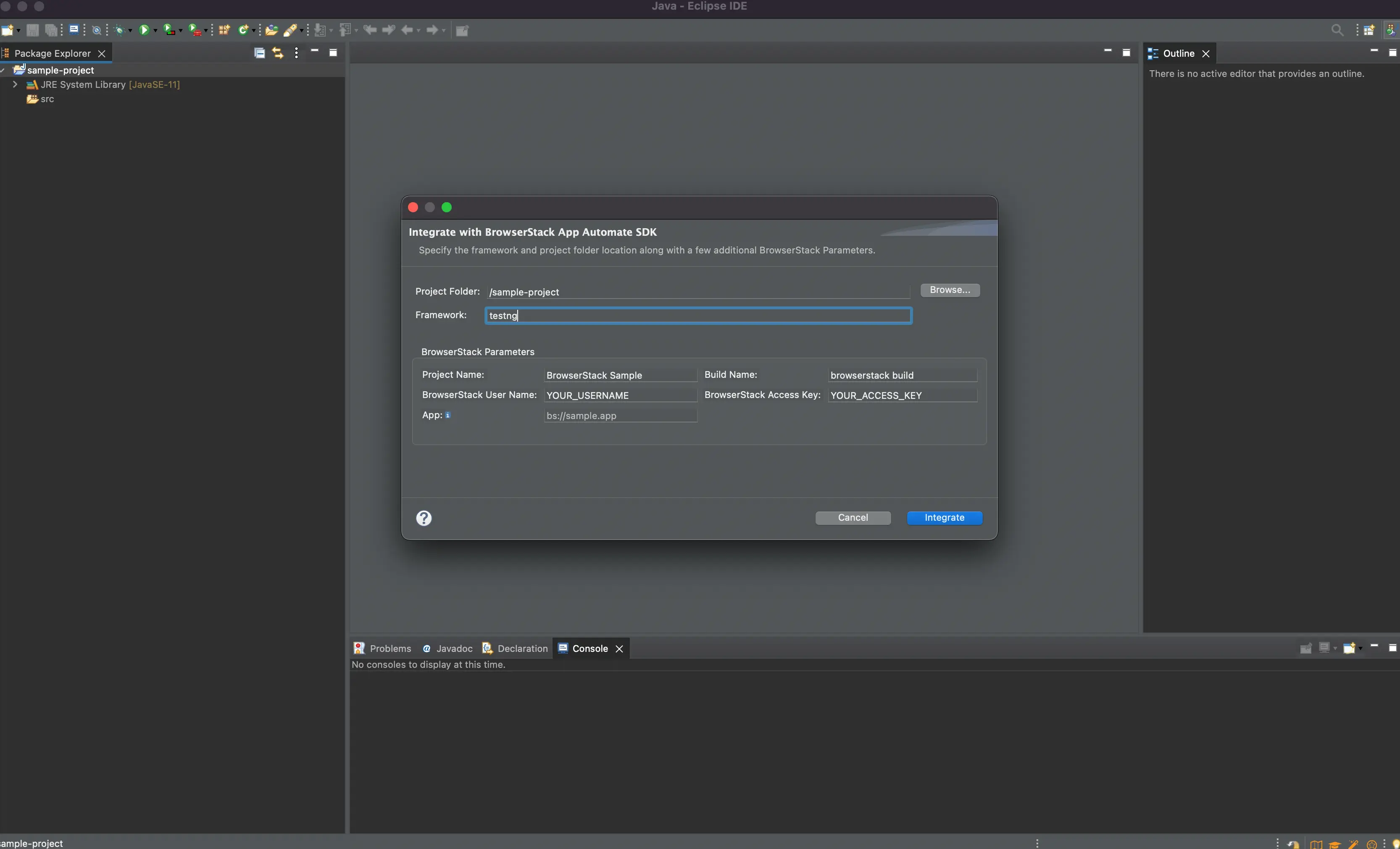 Screenshot showing the Integrate with BrowserStack SDK screen with parameters filled in
