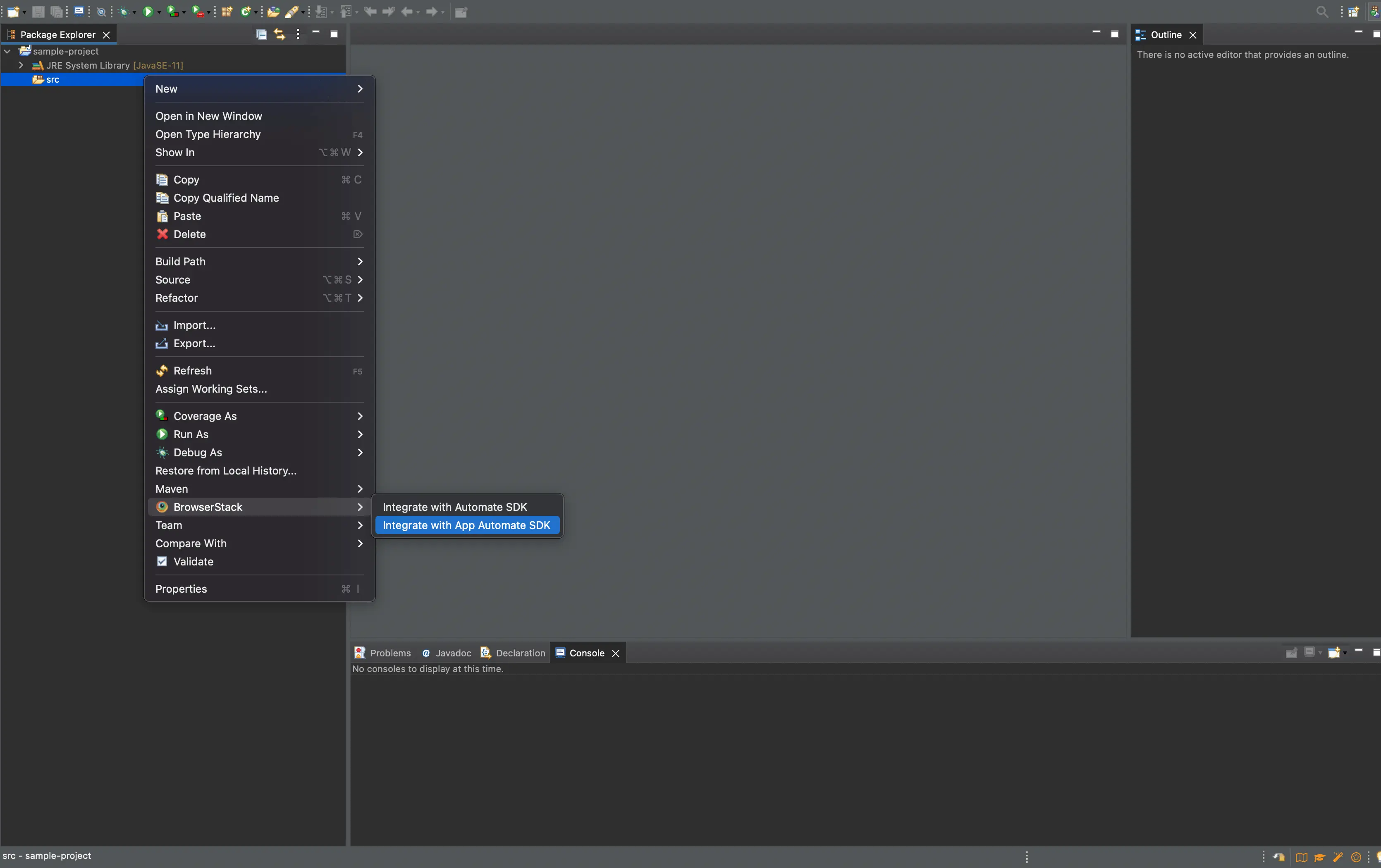 Screenshot showing the navigation from the project folder to BrowserStack to the Integrate with BrowserStack SDK option