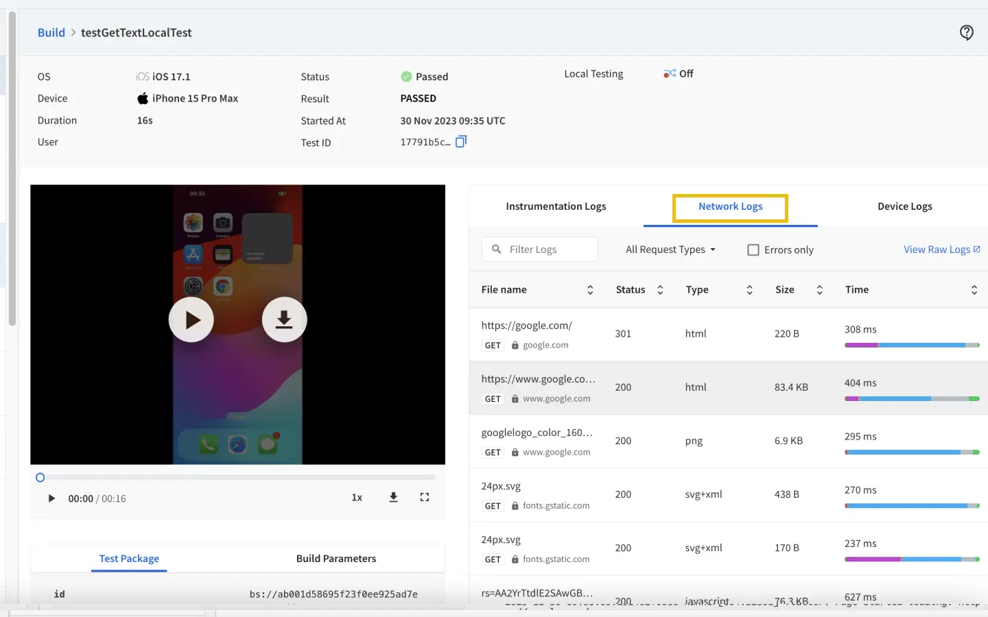 Network Logs for Flutter tests