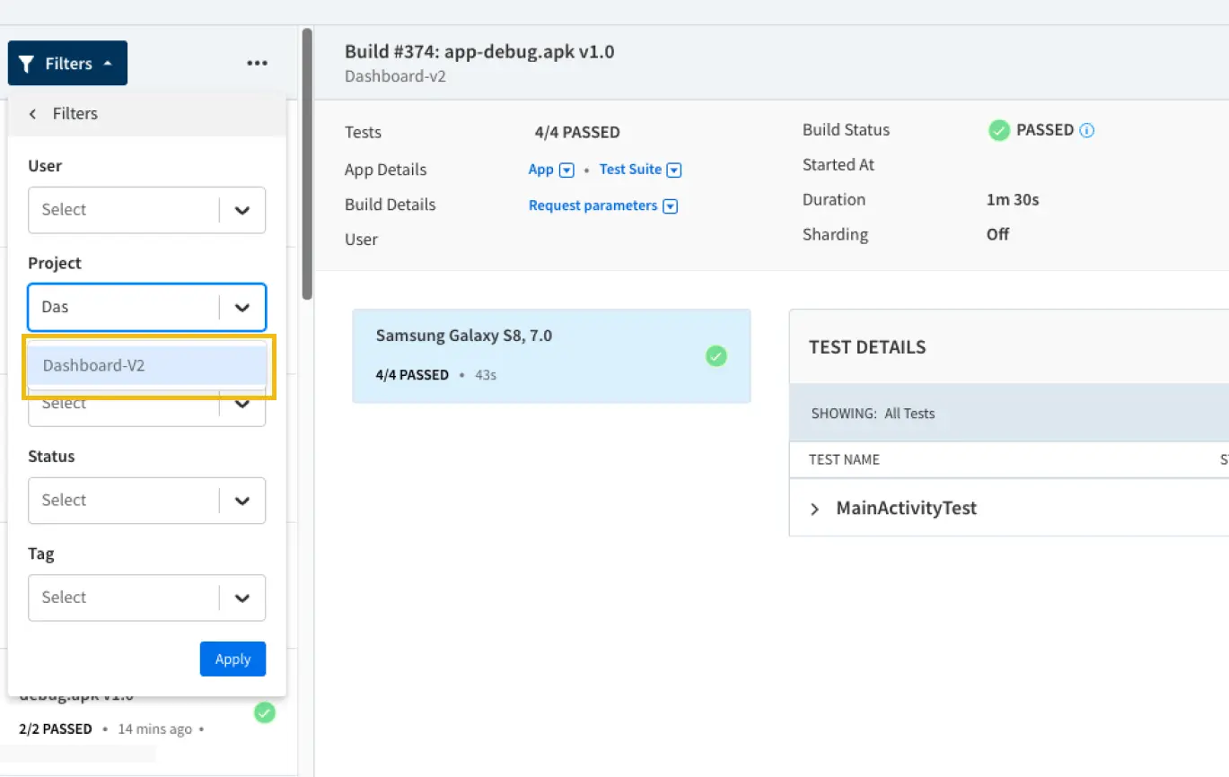 Filter tests using project name