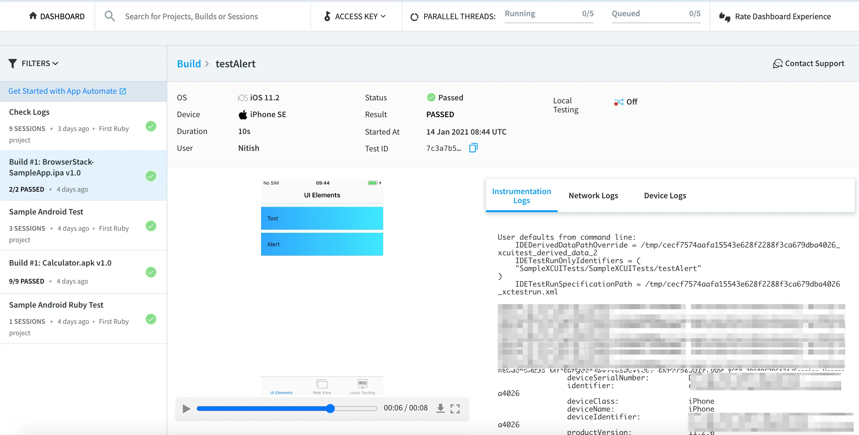 XCUI test video recording playback on App Automate dashboard
