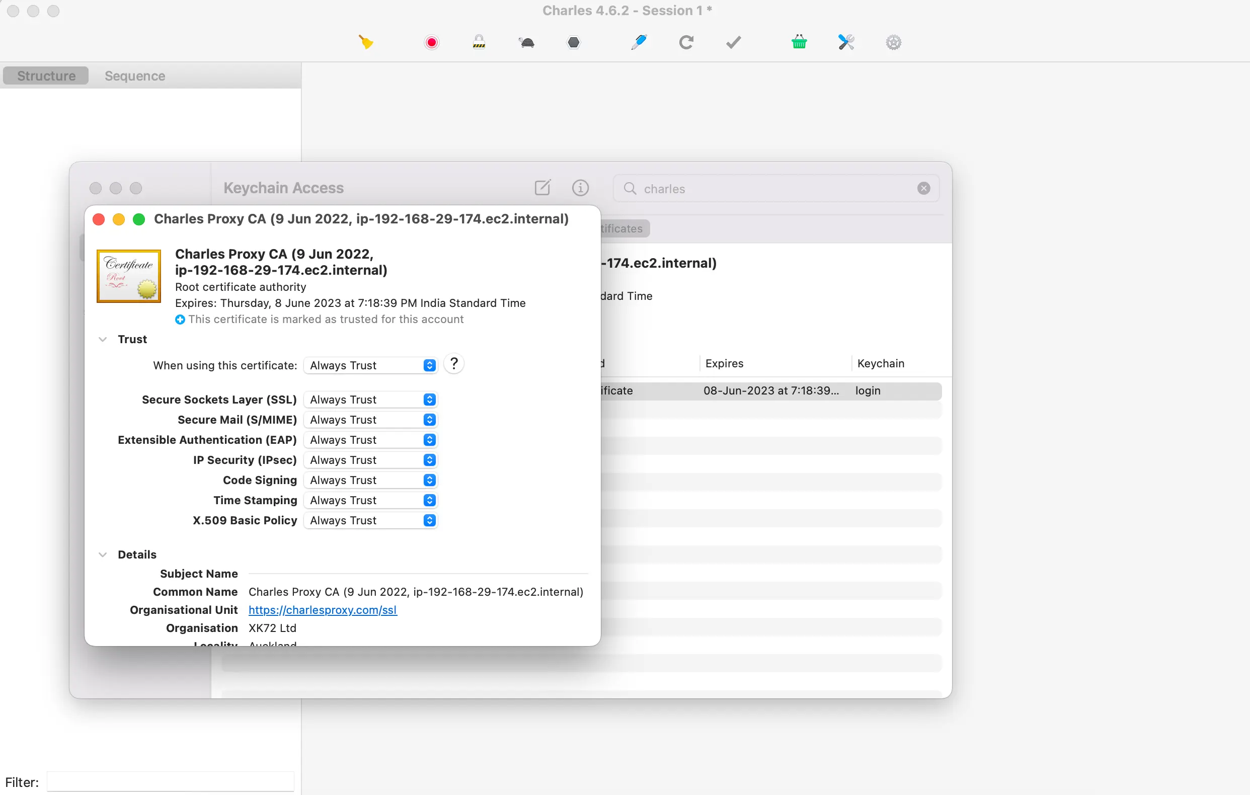 Screenshot showing installation of charles root certifcate
