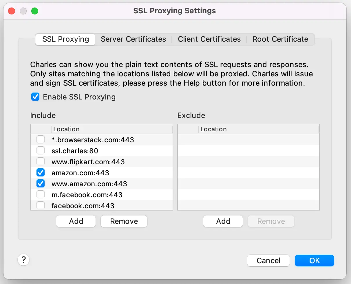 Screenshot showing installation of charles root certifcate