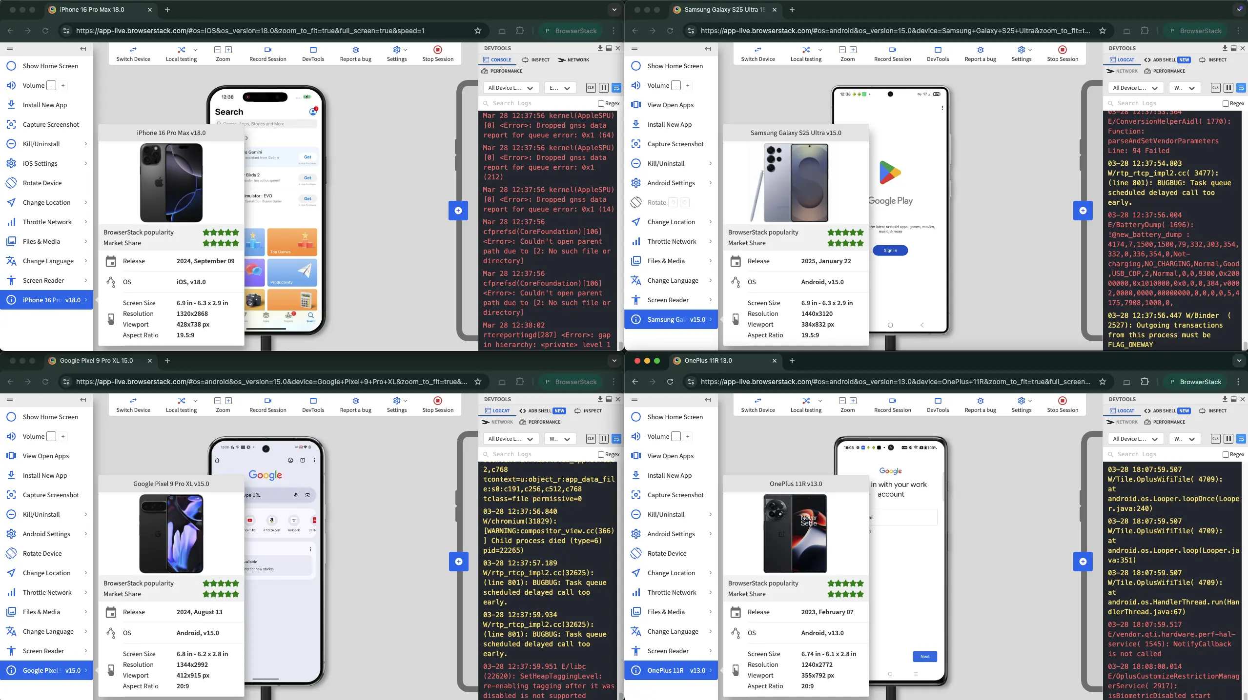 Four tabs each with an independent App Live session with a real device.