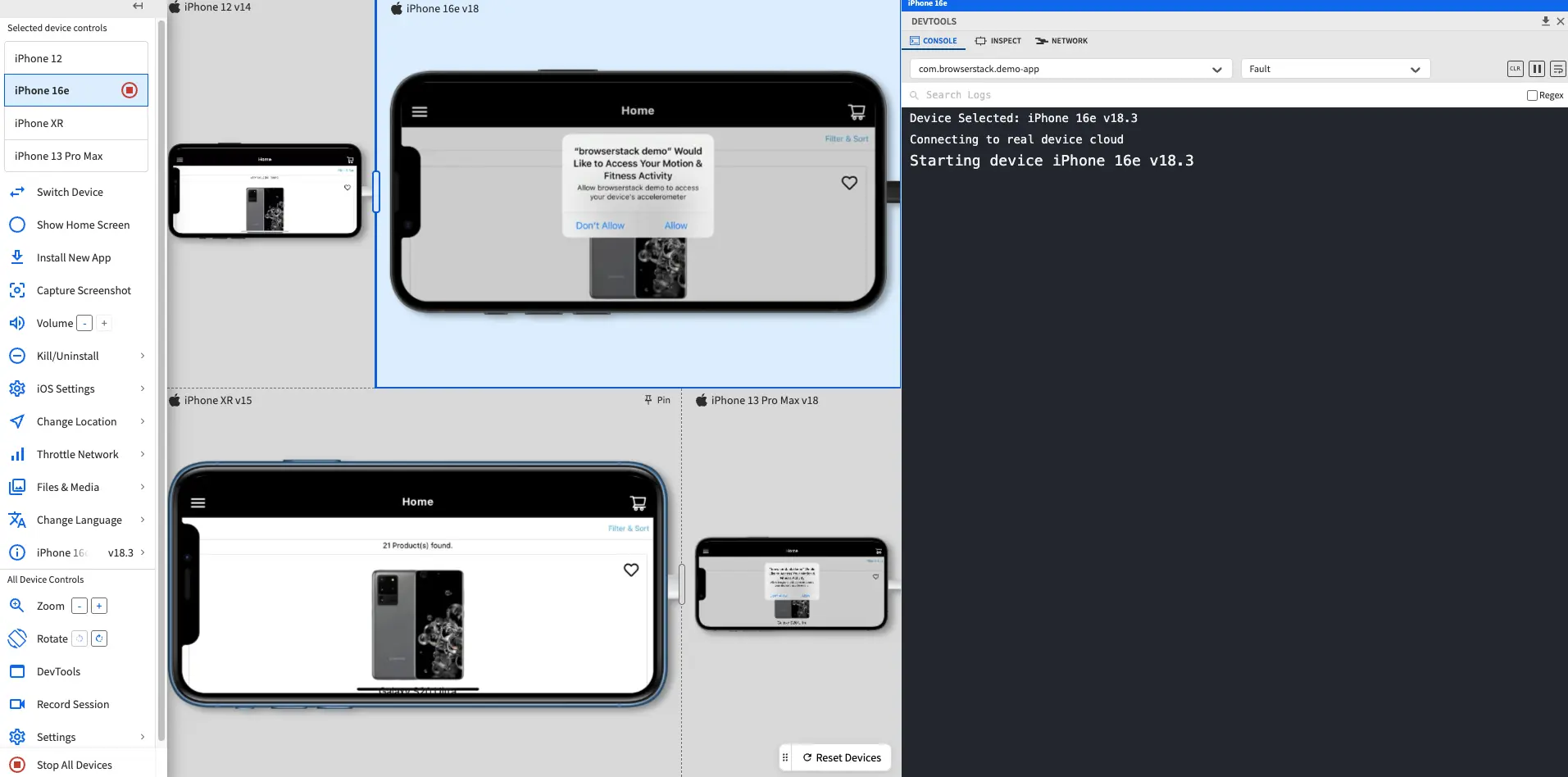 The dashboard with 4 devices rotated horizontally and resized to varying sizes.