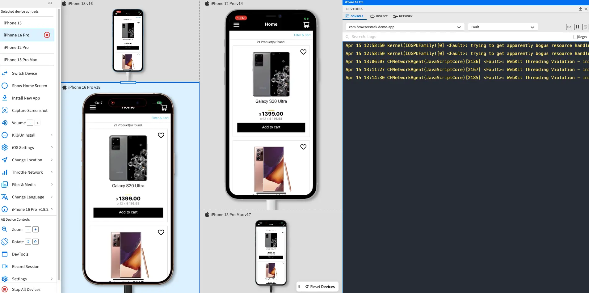 The dashboard with DevTools open and 4 devices arranged in a tiled layout of varying sizes.