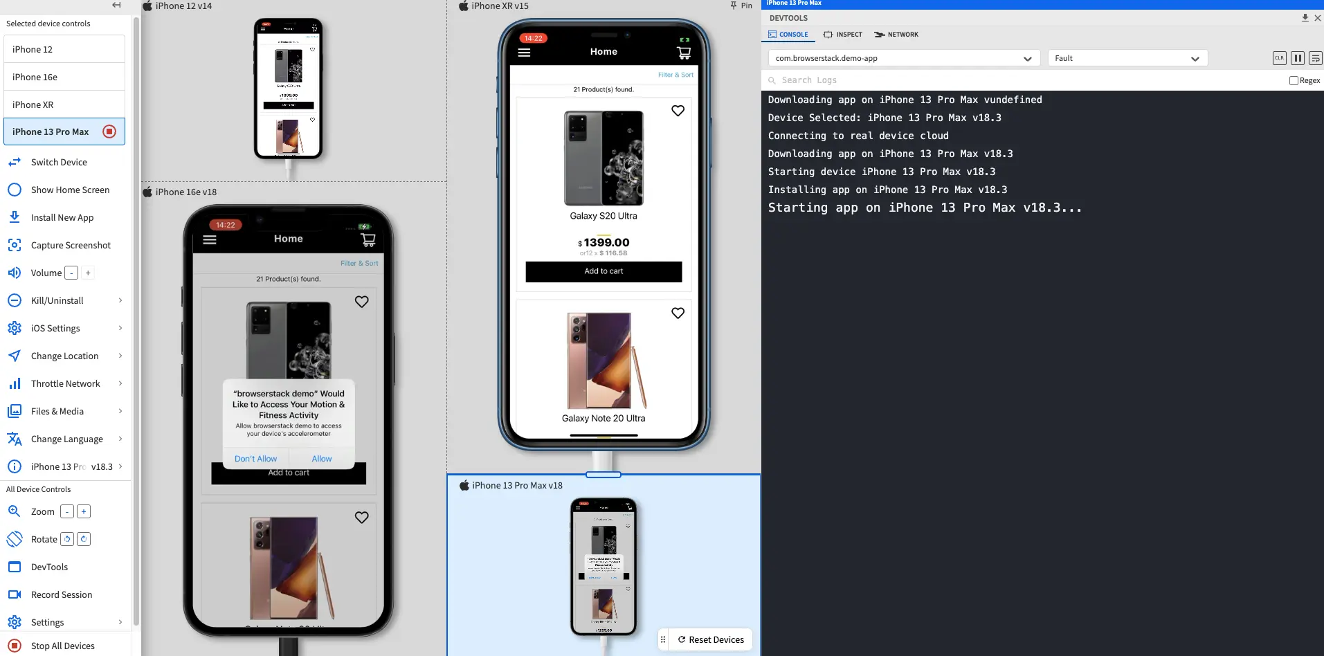 The dashboard with 4 devices open in the default position and resized to varying sizes.