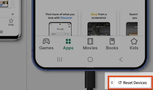 The dashboard with 4 devices resized to varying sizes, and the Reset Devices widget highlighted by a red box.