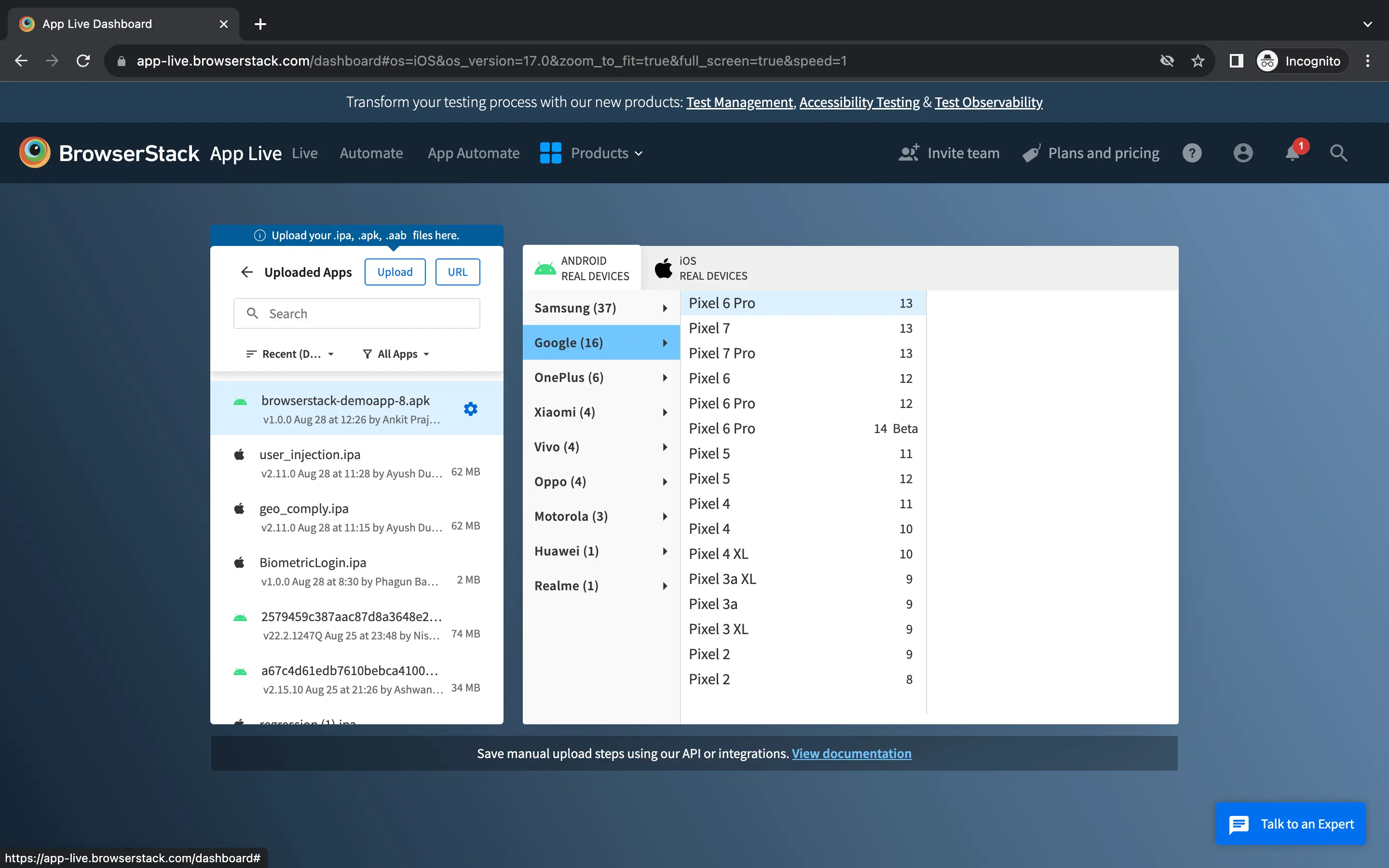 BrowserStack App Live device selection window.