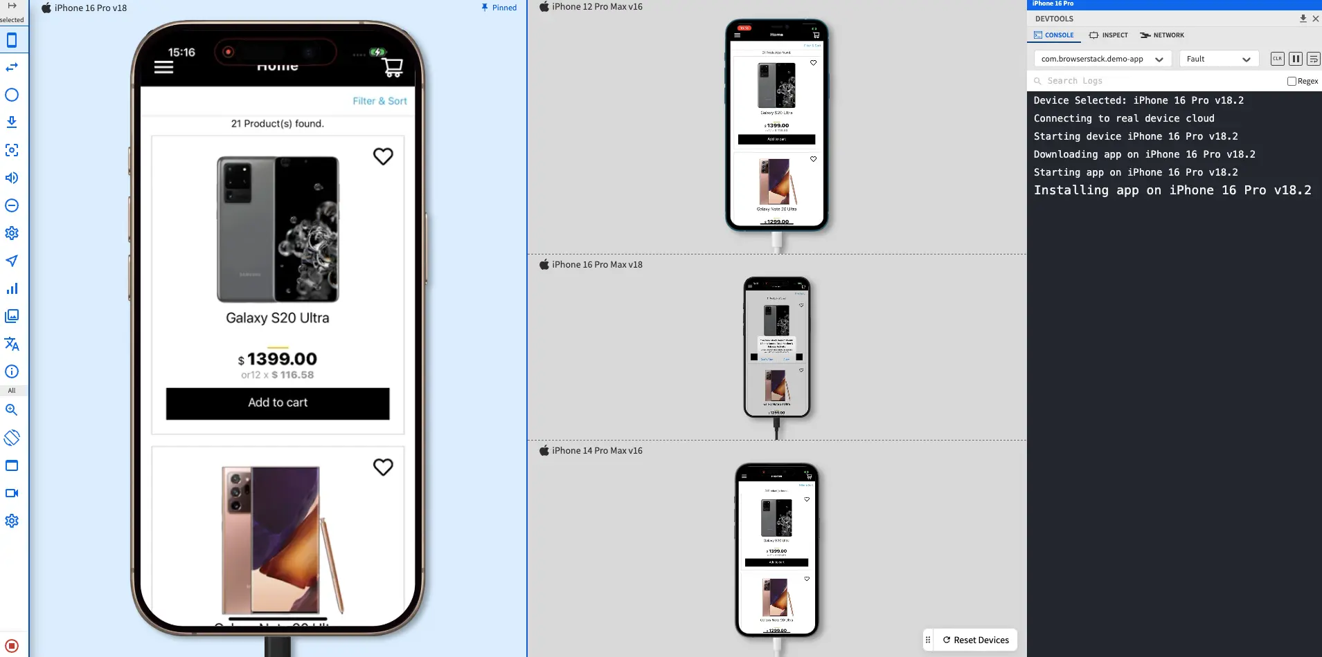 The dashboard with 1 pinned device and 3 unpinned devices in a stacked layout resized to varying sizes.