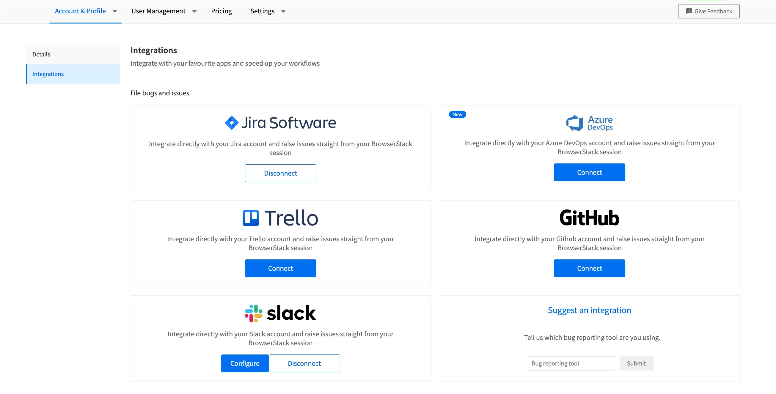 View integrations list