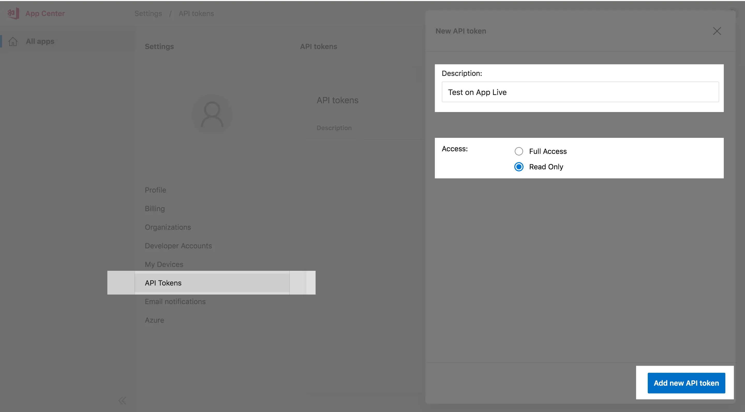 Image for generating and copy the API token