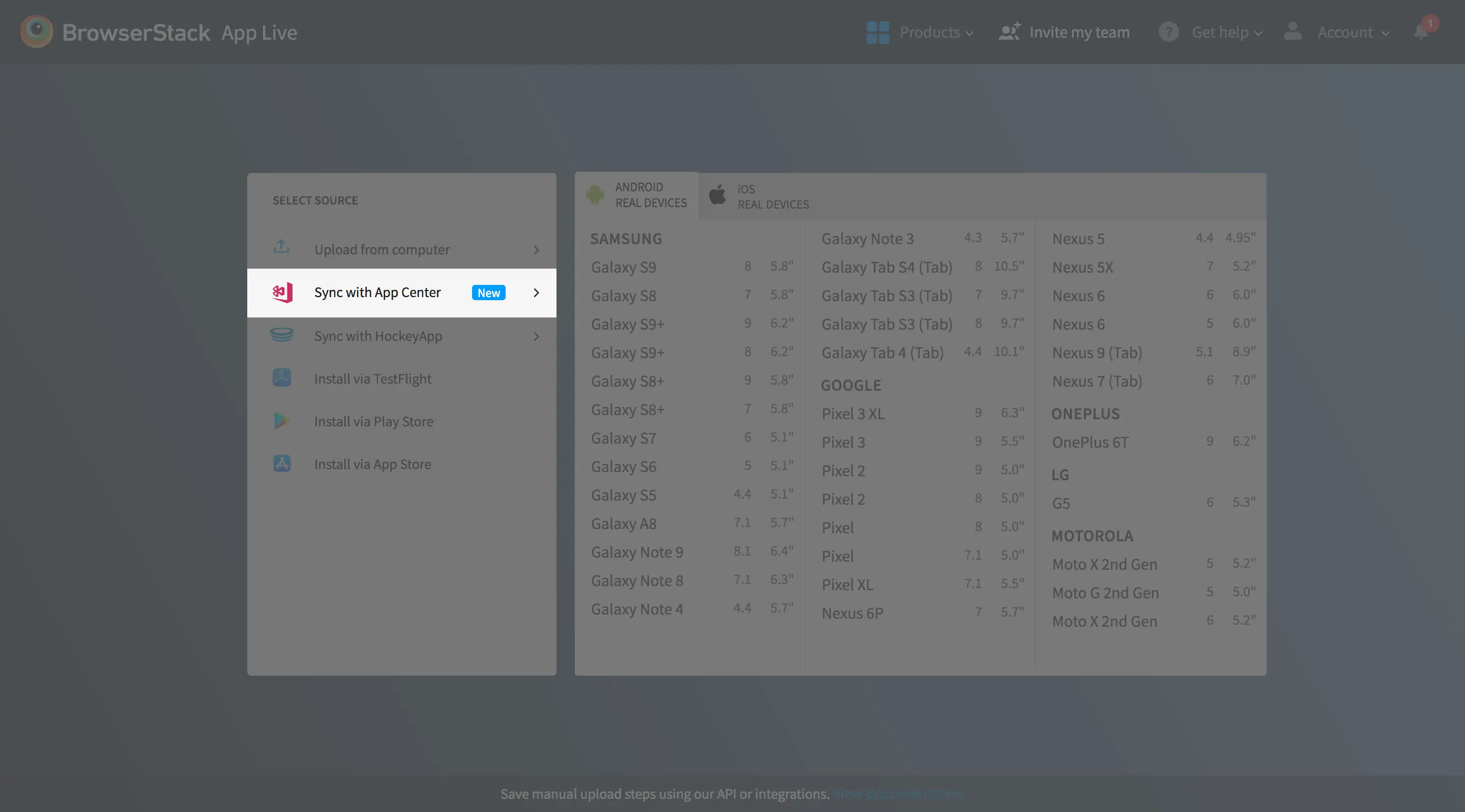 Click on Sync with App Center to open the configuration modal