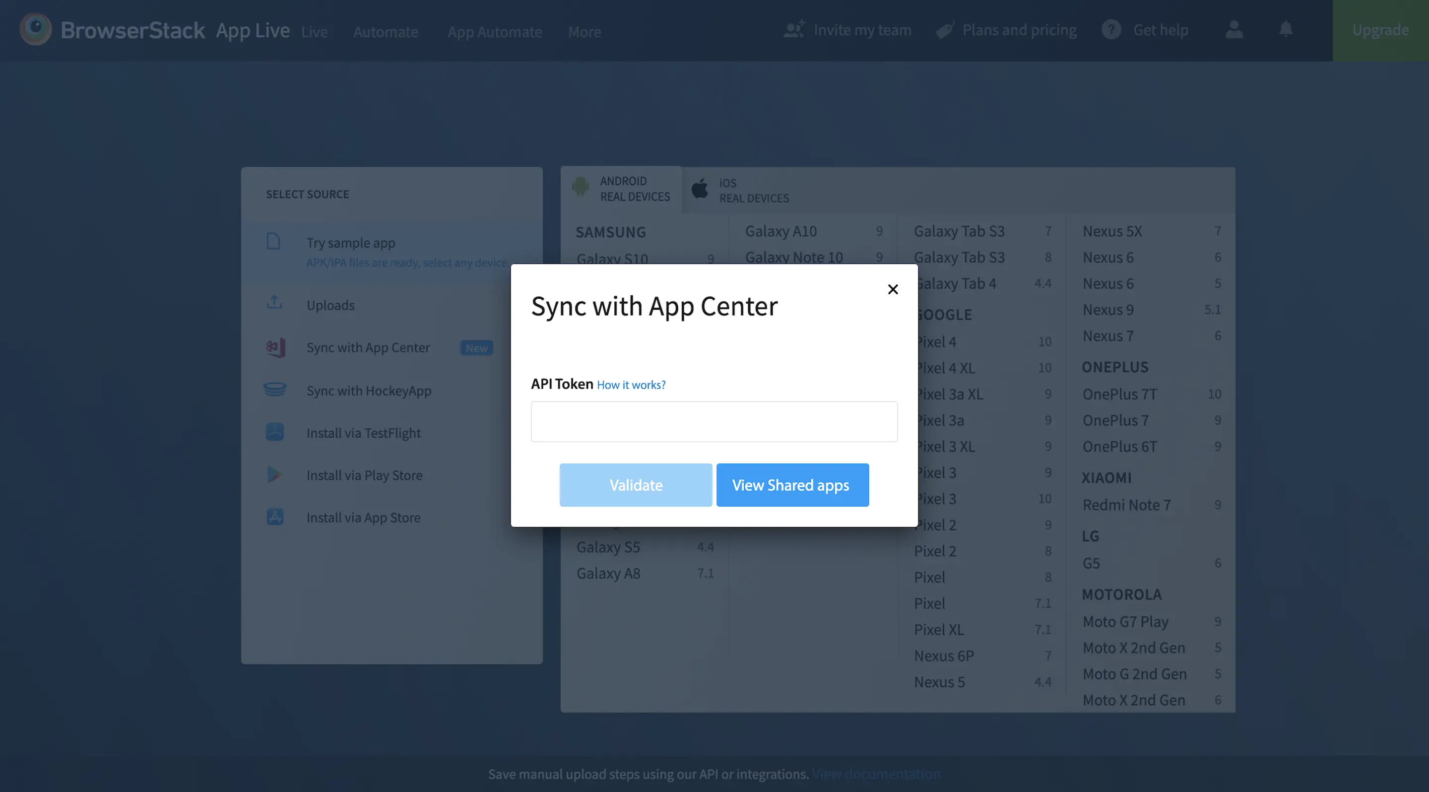 Sync with App center modal opened