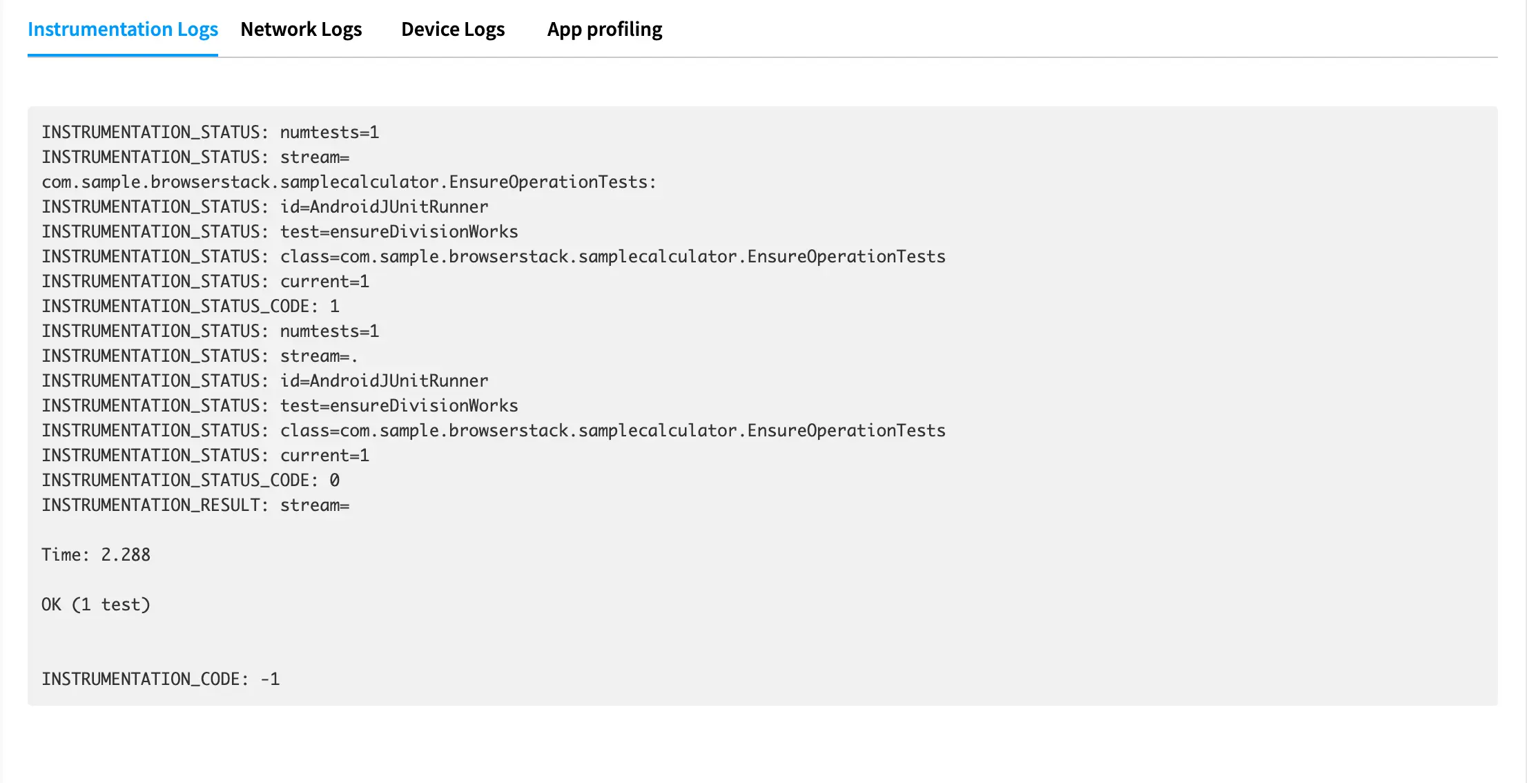 Focused Instrumentation logs tab on App-Automate Session Details Page