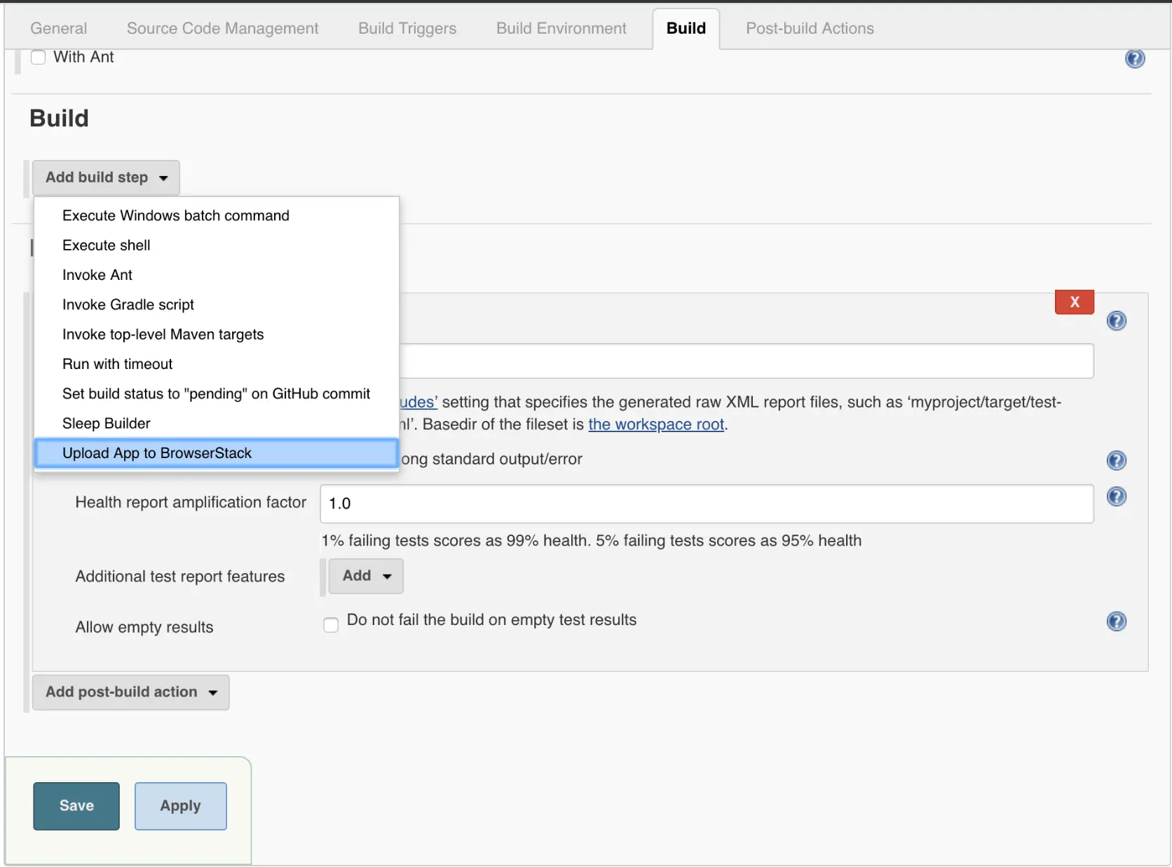 Click on Upload app to BrowserStack option from the build step dropdown