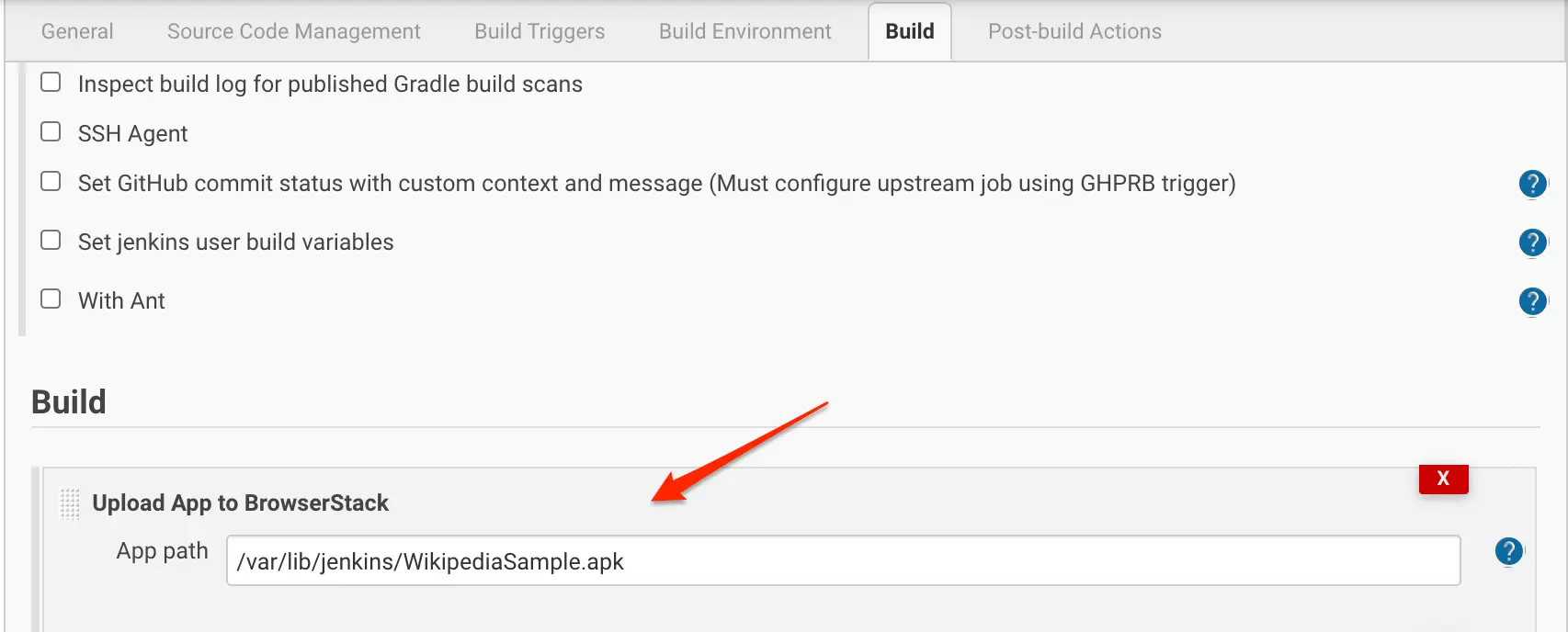 Uploading application file from local server and clicking save under the build option