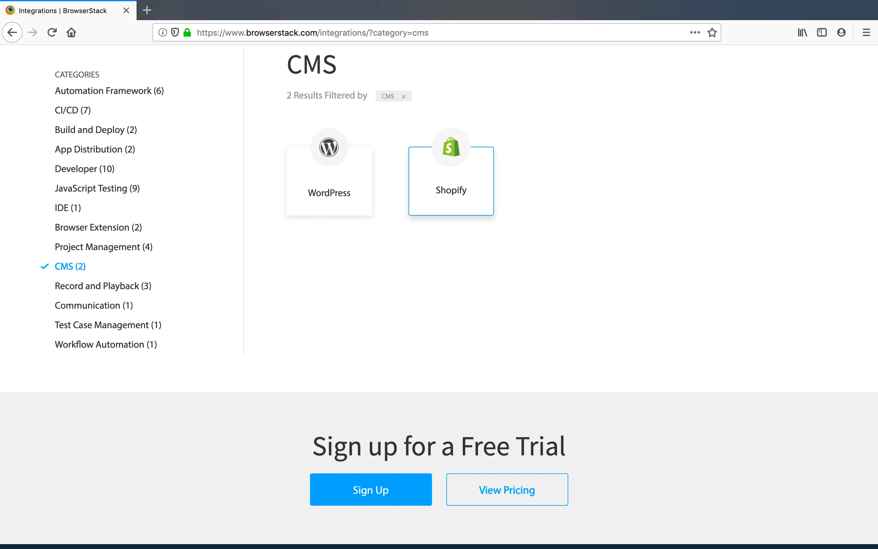 Visit the integrations page on BrowserStack and select the CMS category