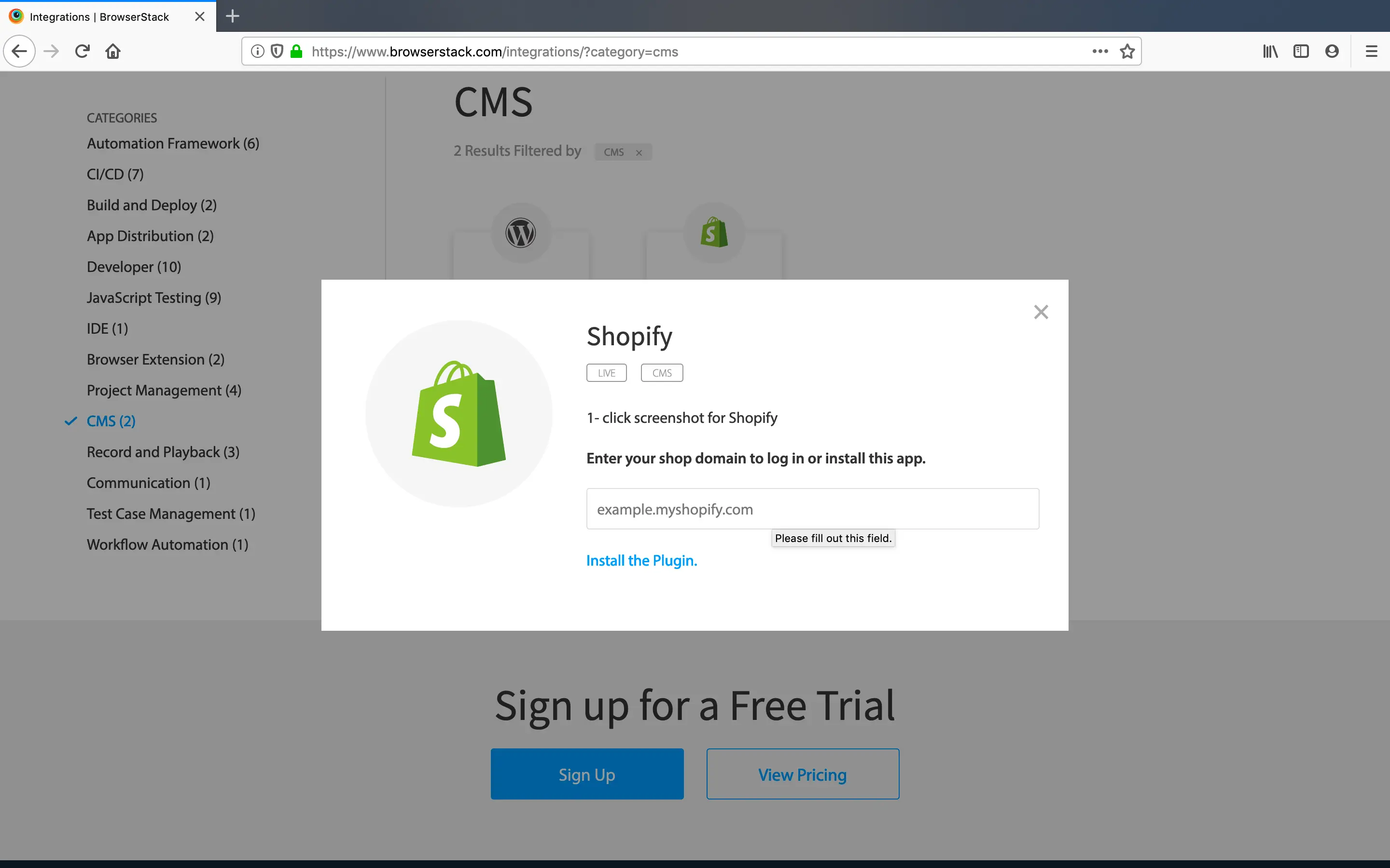 Click on the Shopify section to view the Shopify modal