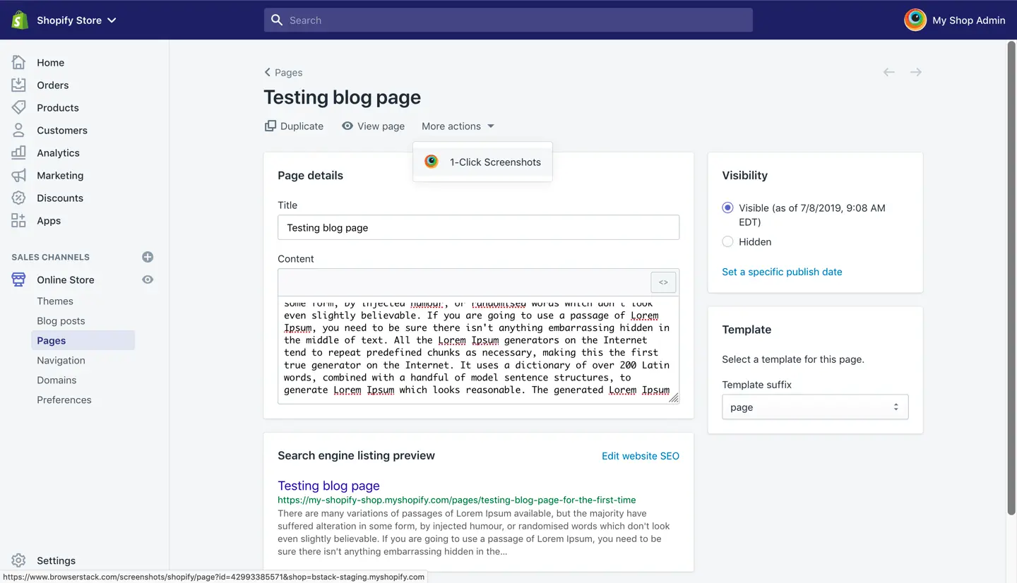 Shopify Store Testing Blog Page details