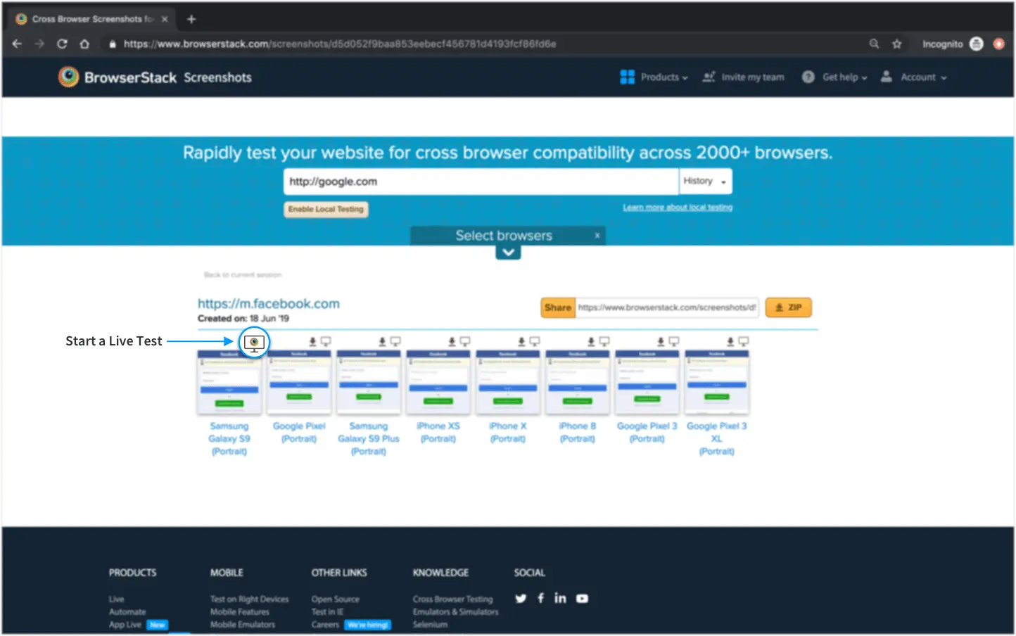 Starting live session when debugging issue on BrowserStack Screenshots