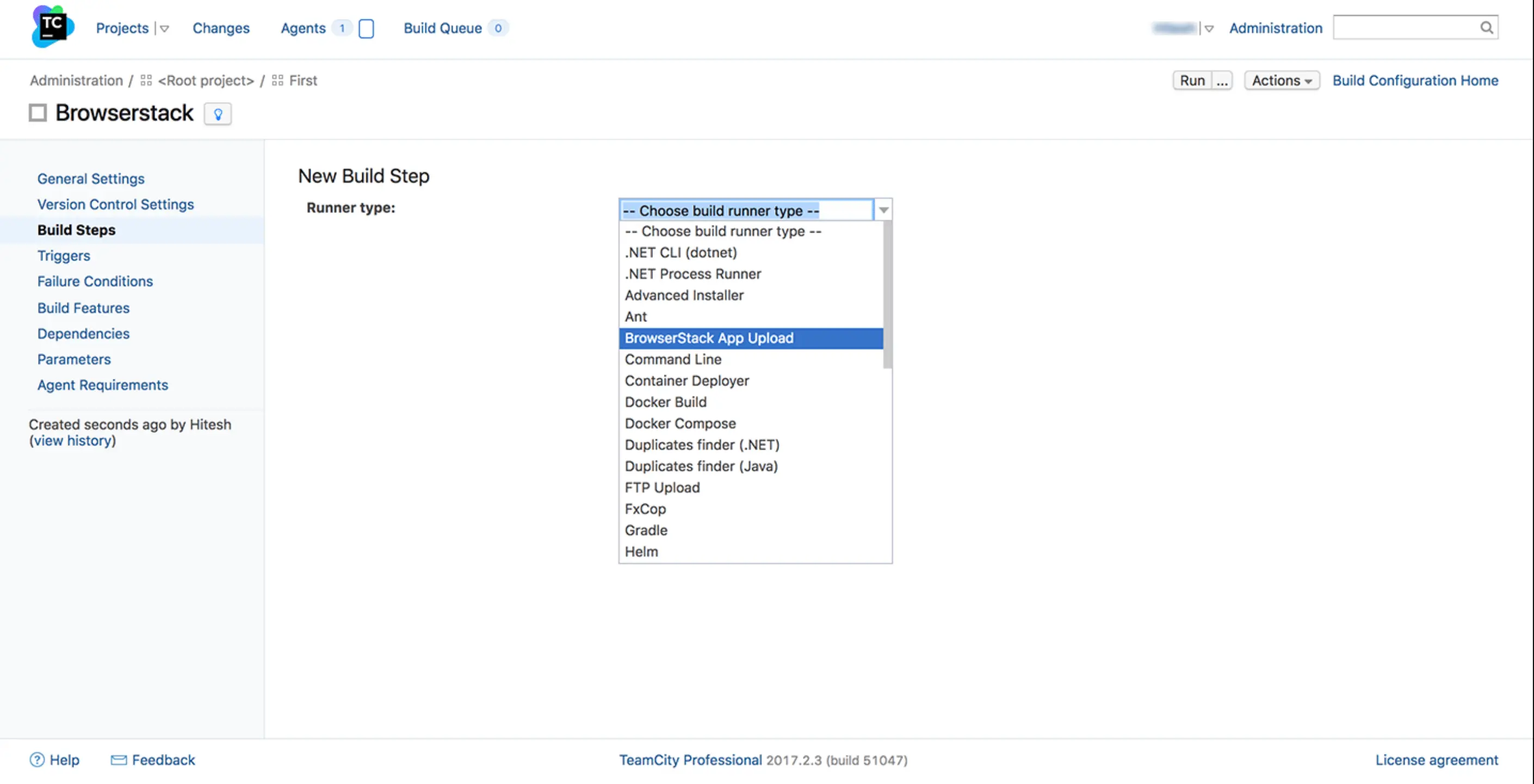 Selecting the Runner type as BrowserStack App Upload