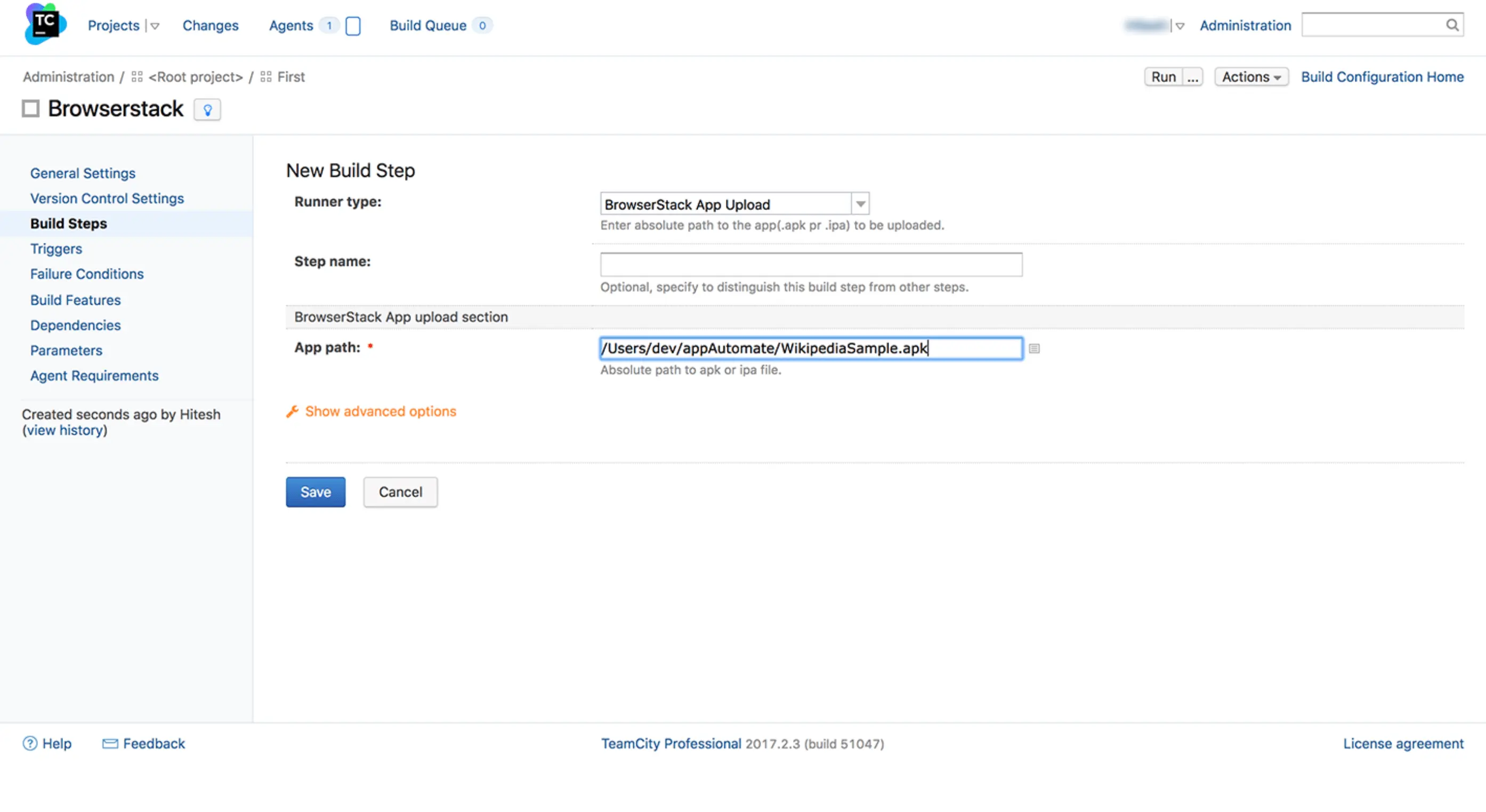 Enter the path to your app file on the local TeamCity server and click save