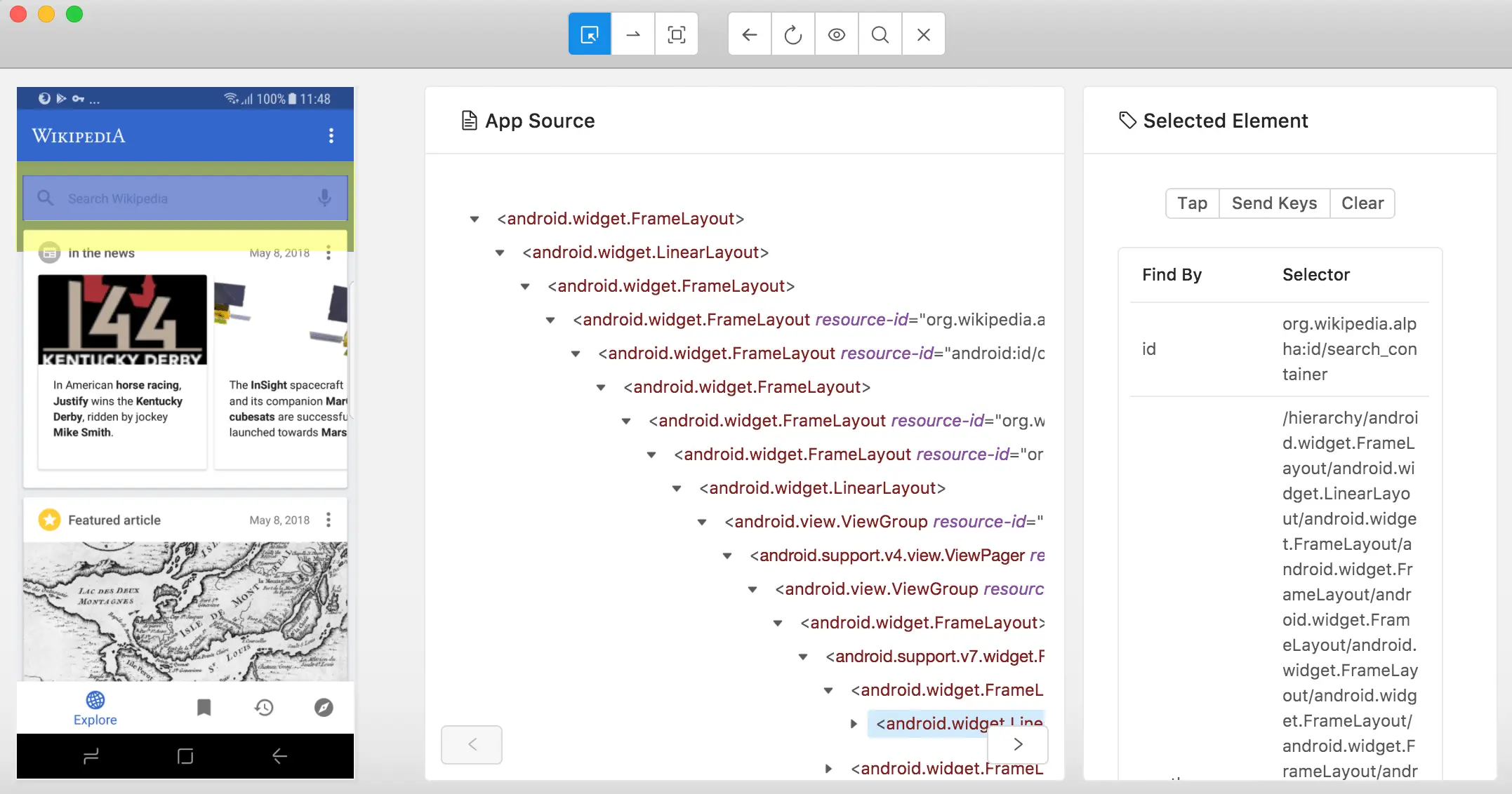 sample showing how to use inspect element of your app after successful connection with BrowserStack device