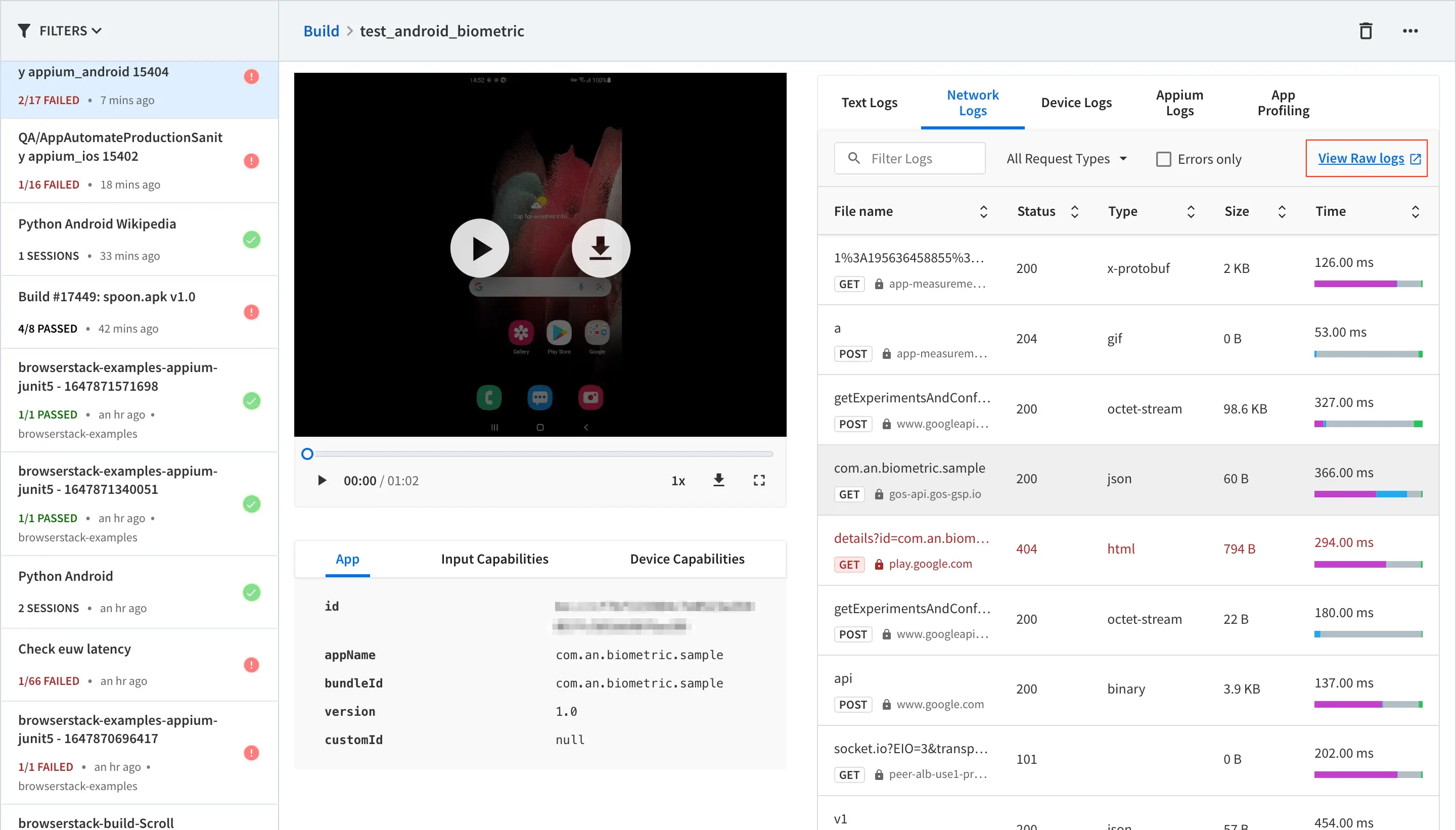 View network logs in App Automate dashboard