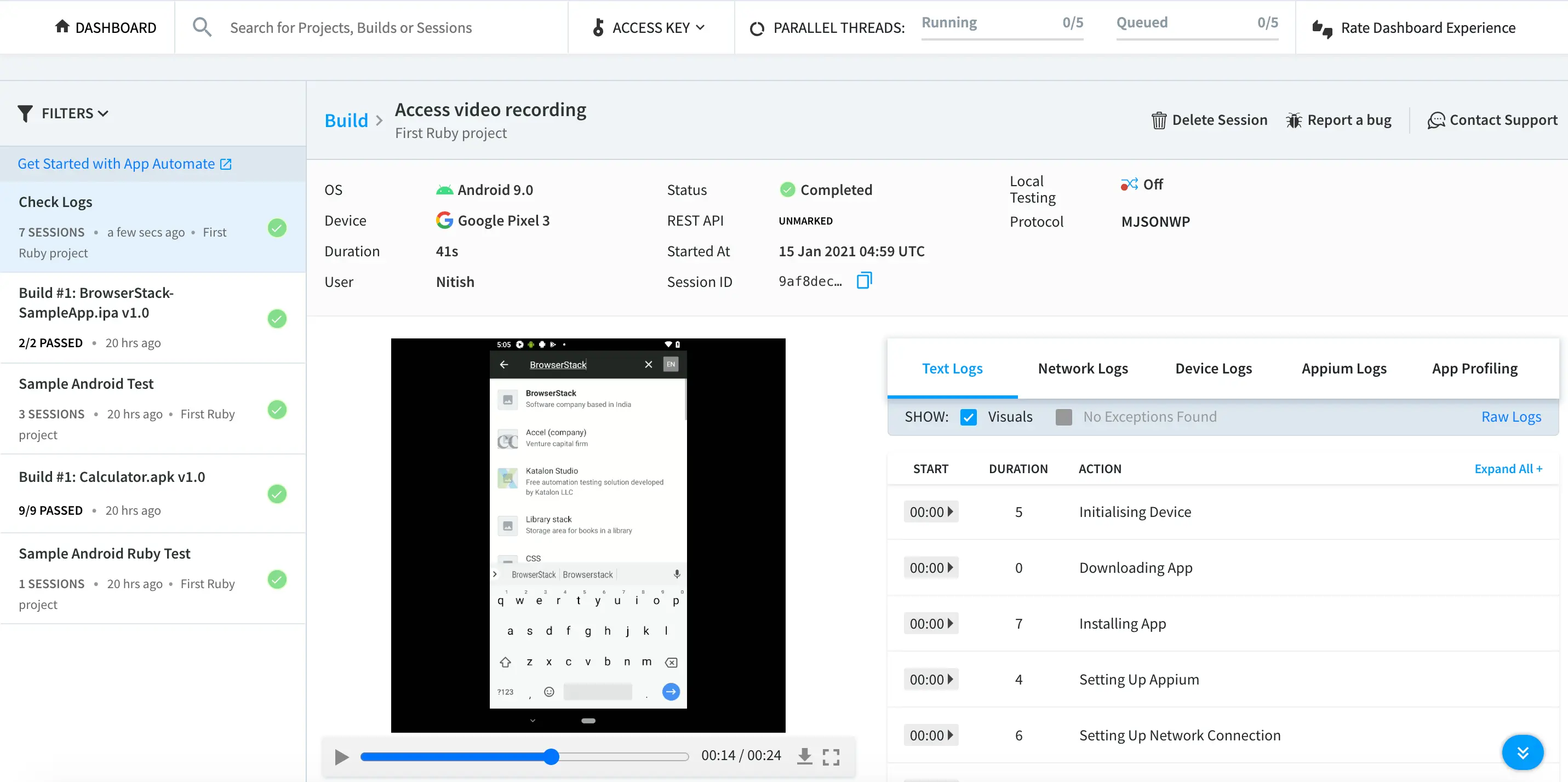 Focused video on App-Automate Session Details Page