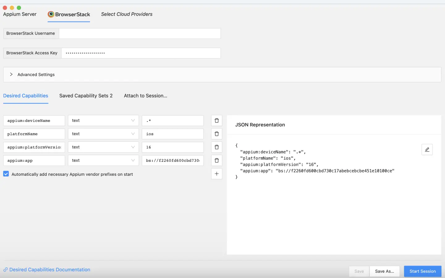 Configure BrowserStack capabilities in the Desired Capabilities tab on Appium inspector. Use the app_url value obtained in step 1 to set the app capability value