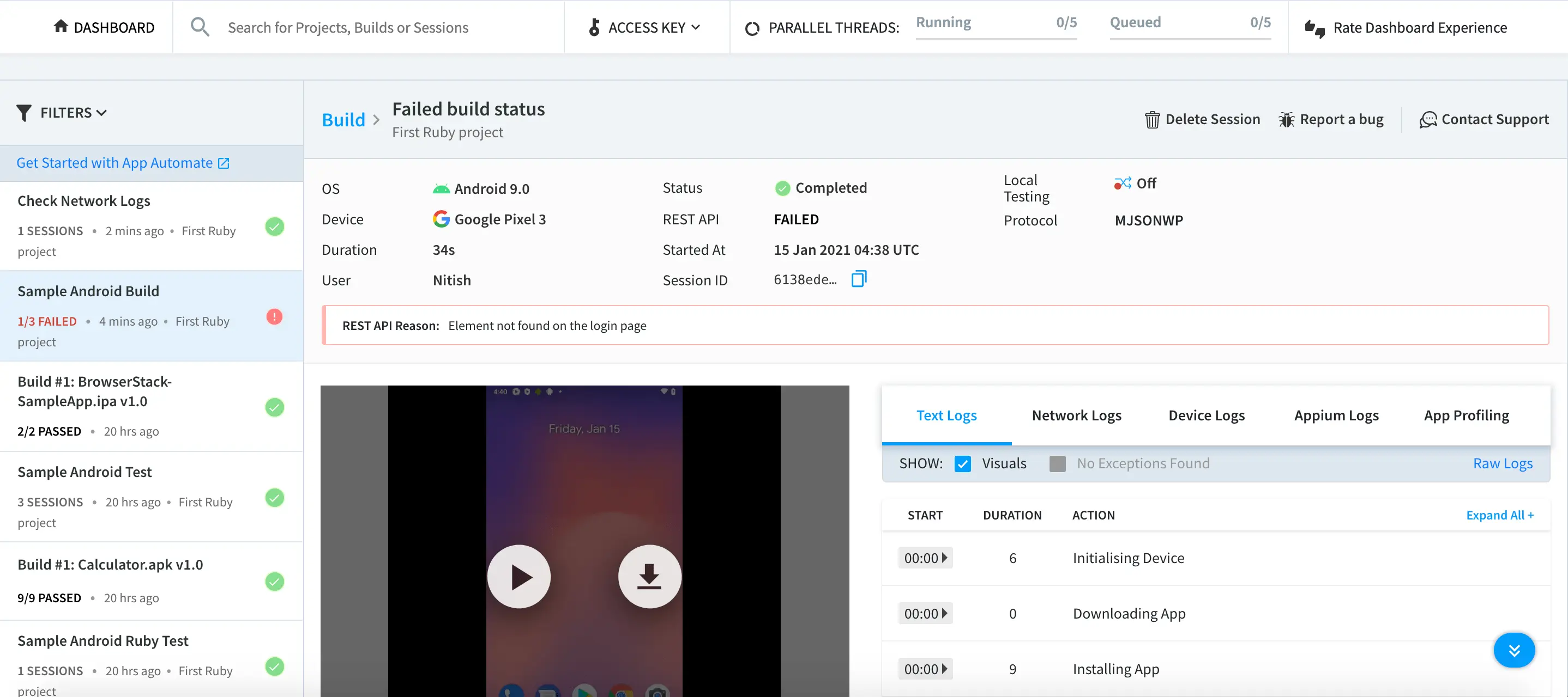 Status reason passed or failed visible on the session details page of App Automate dashboard