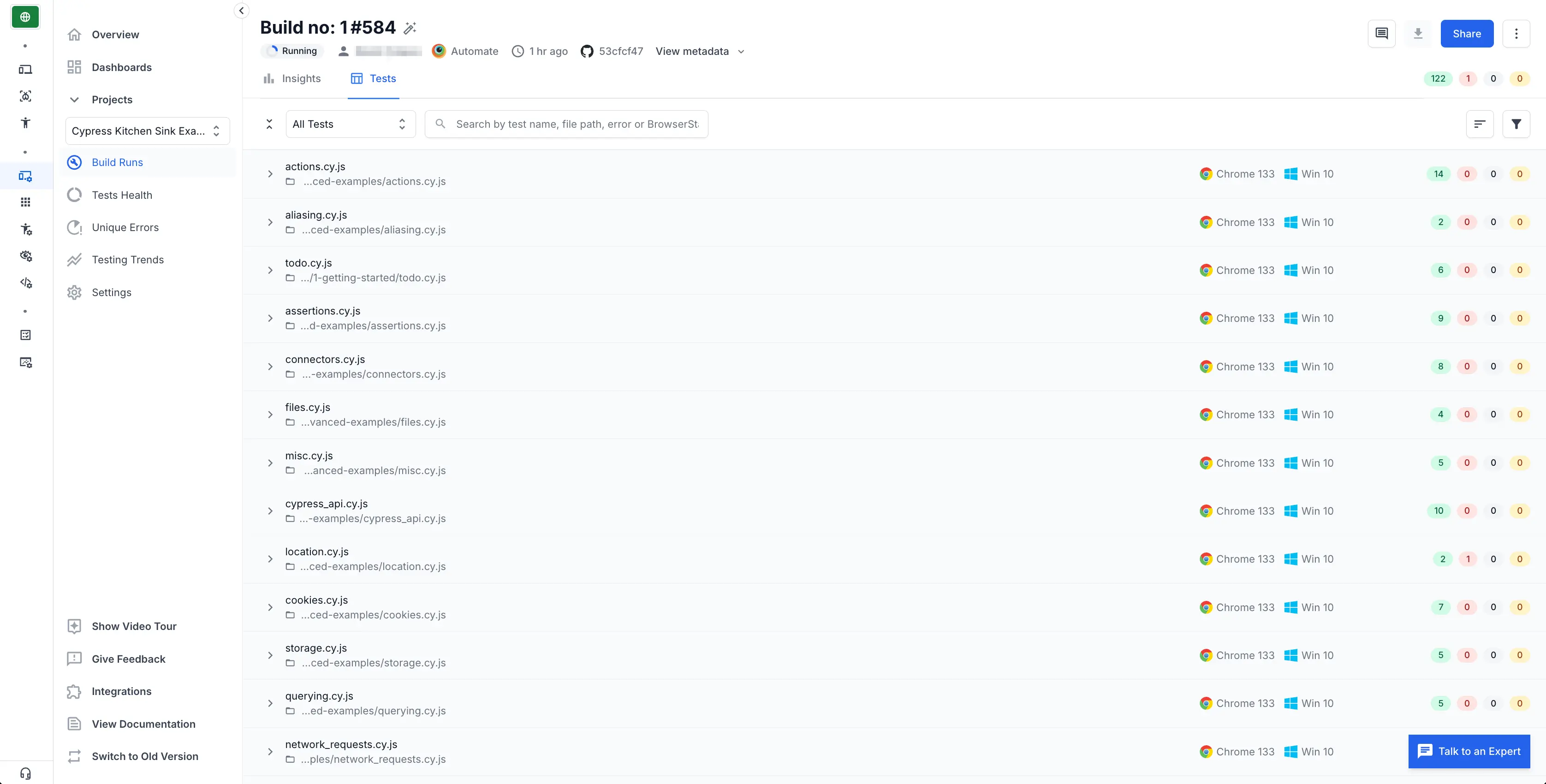 BrowserStack Automate Dashboard showing Cypress tests