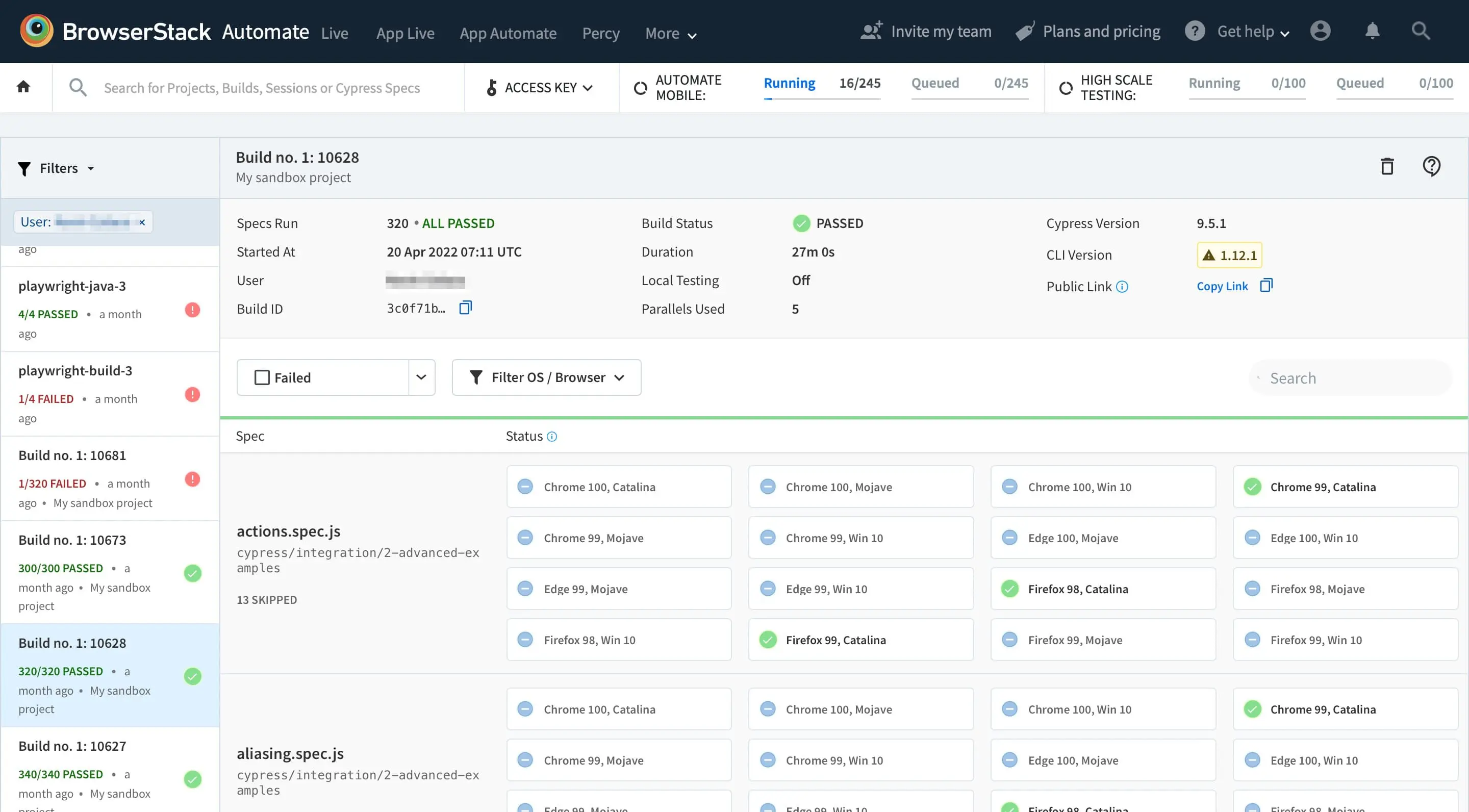 BrowserStack Automate Dashboard showing Cypress tests