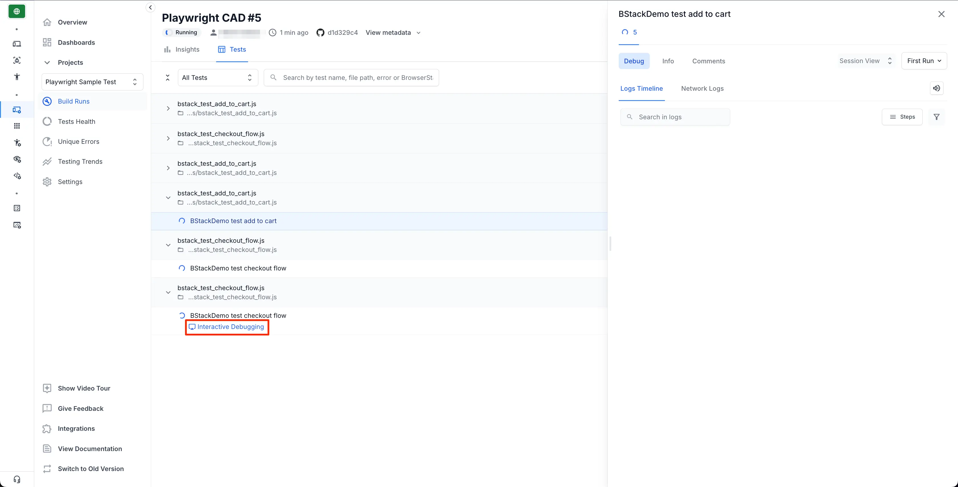 Playwright interactive session on browserstack dashboard