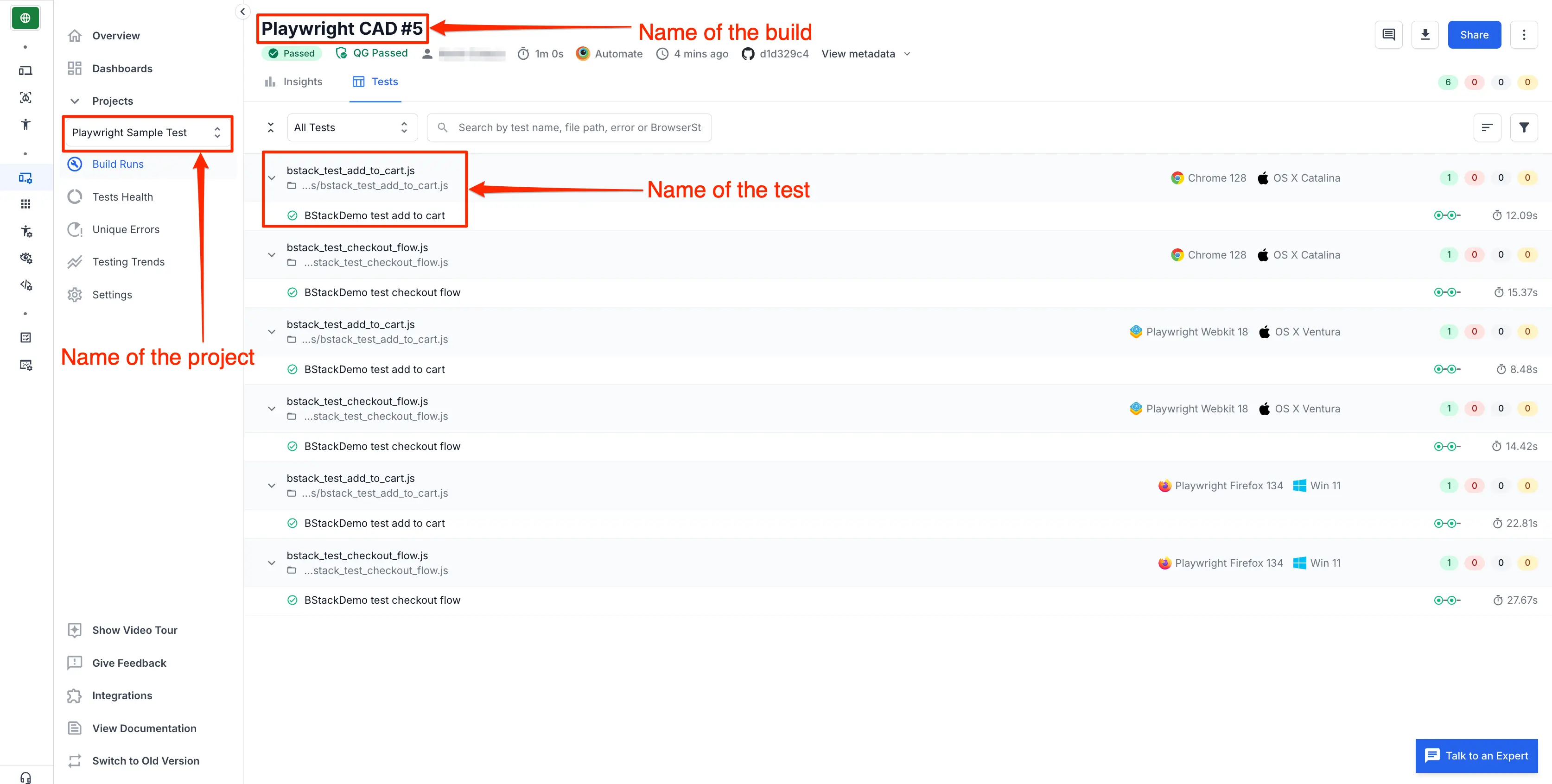 BrowserStack dashboard showing filter option