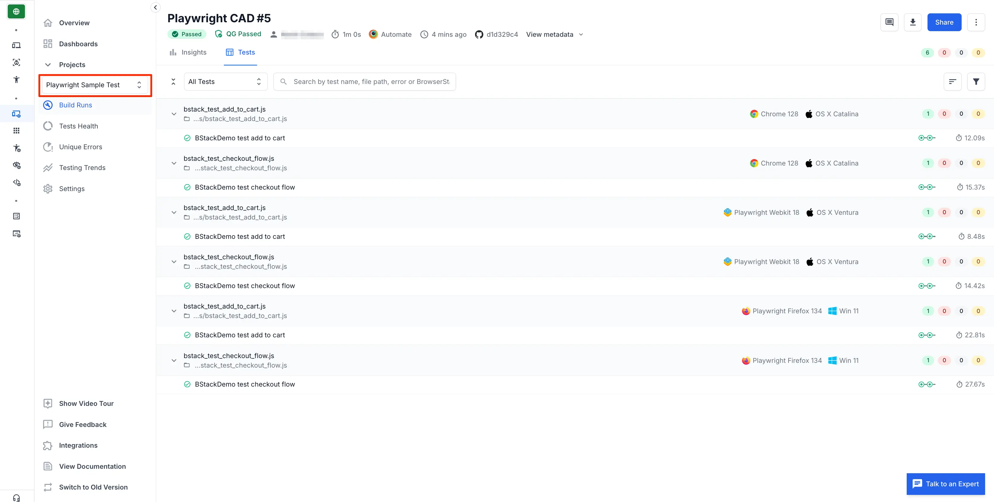 BrowserStack dashboard showing filter option