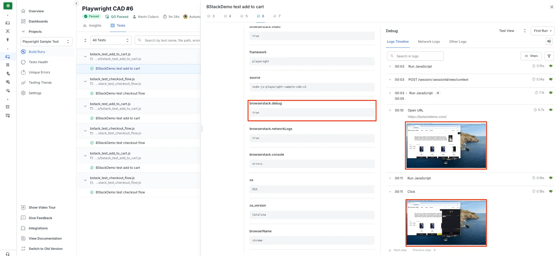 browserstack automate visual logs for playwright tests