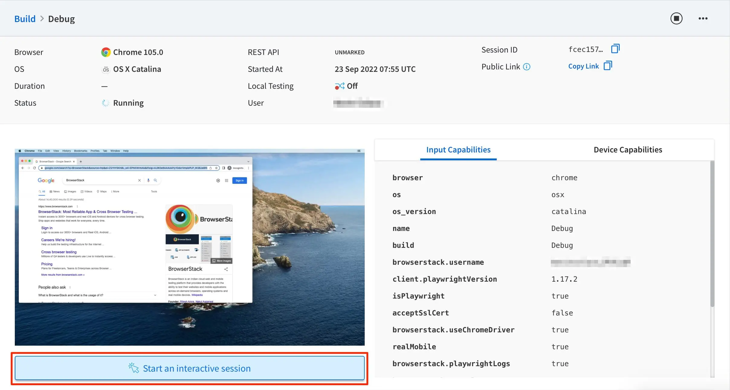 Playwright interactive session on browserstack dashboard