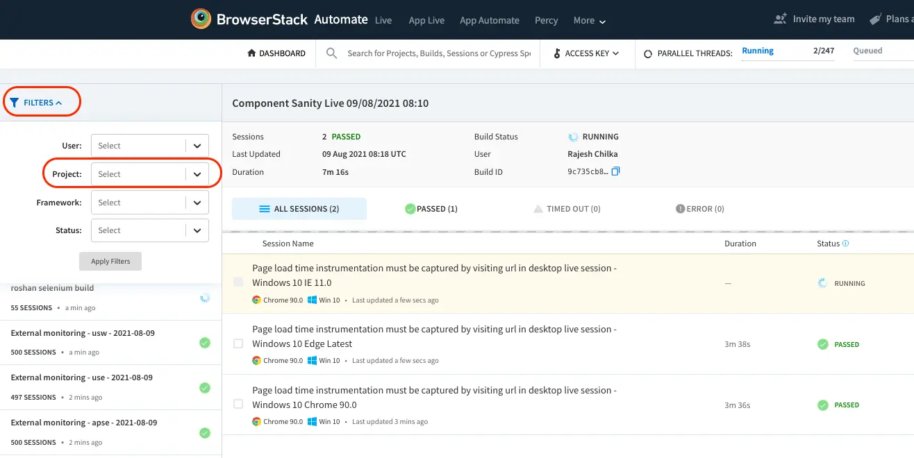 BrowserStack dashboard showing filter option